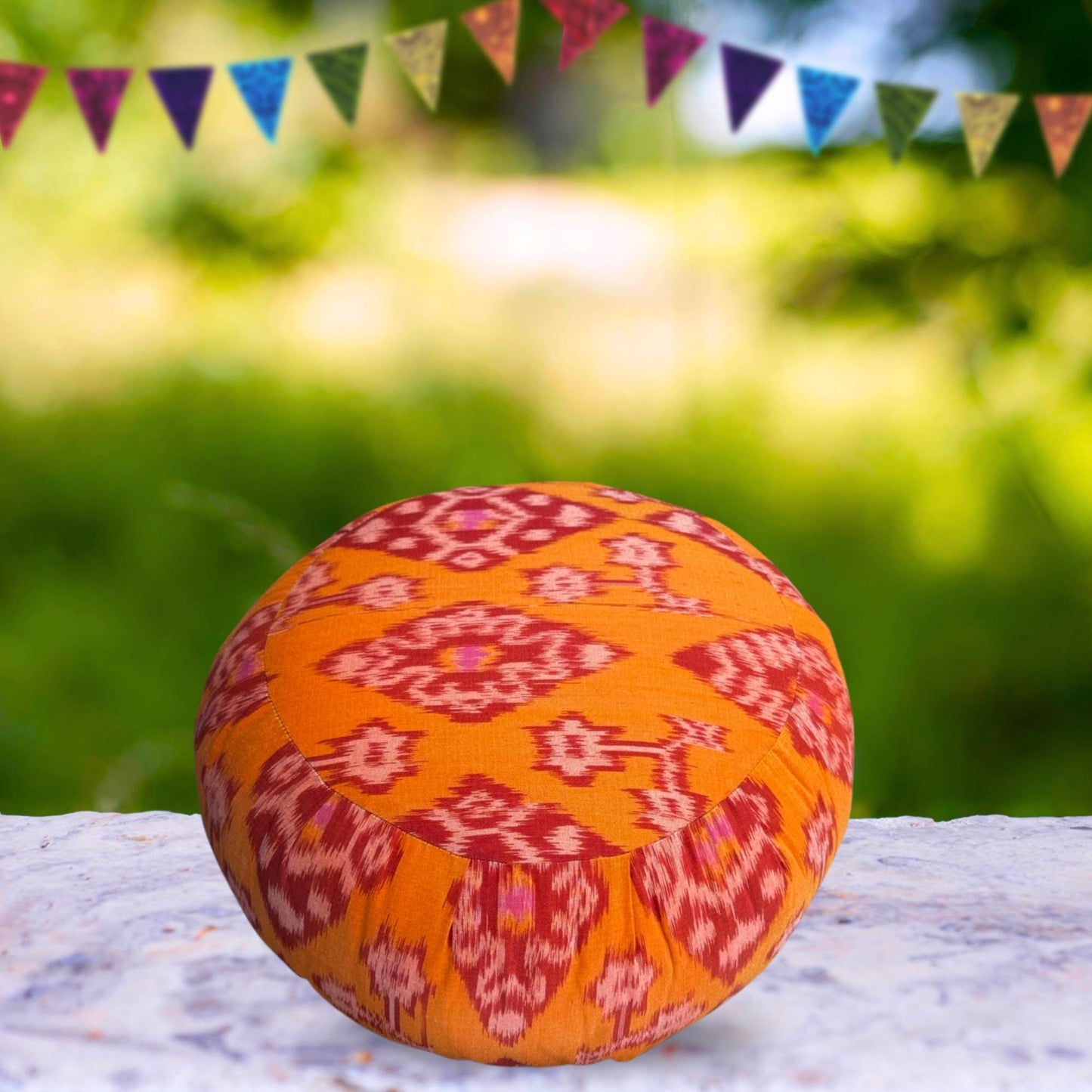 Handwoven Ikat Meditation Pillow: Organic Kapok Zafu Floor Cushion Orange