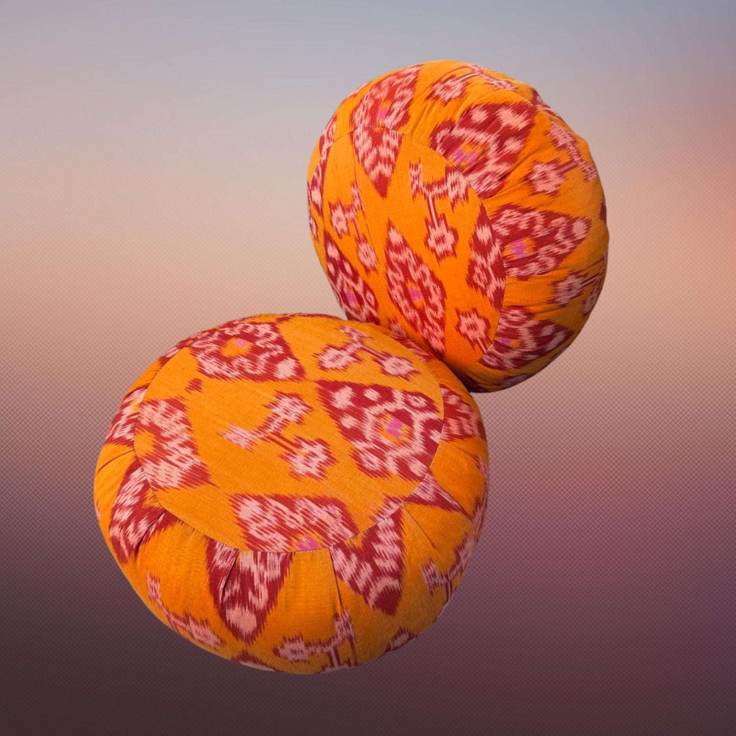 Handwoven Ikat Meditation Pillow: Organic Kapok Zafu Floor Cushion Orange