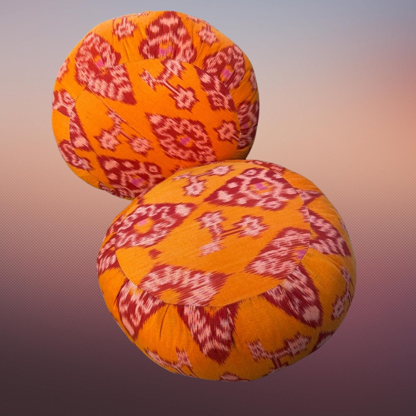 Handwoven Ikat Meditation Pillow: Organic Kapok Zafu Floor Cushion Orange