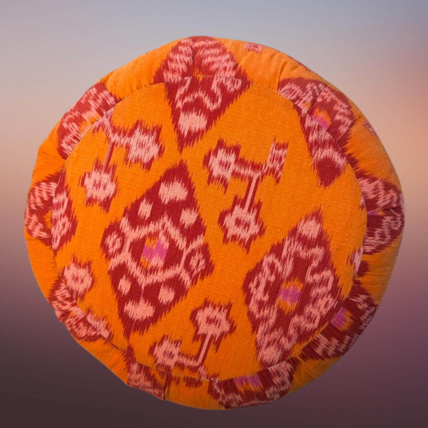 Handwoven Ikat Meditation Pillow: Organic Kapok Zafu Floor Cushion Orange