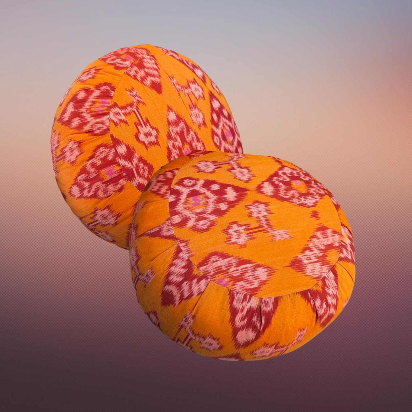 Handwoven Ikat Meditation Pillow: Organic Kapok Zafu Floor Cushion Orange