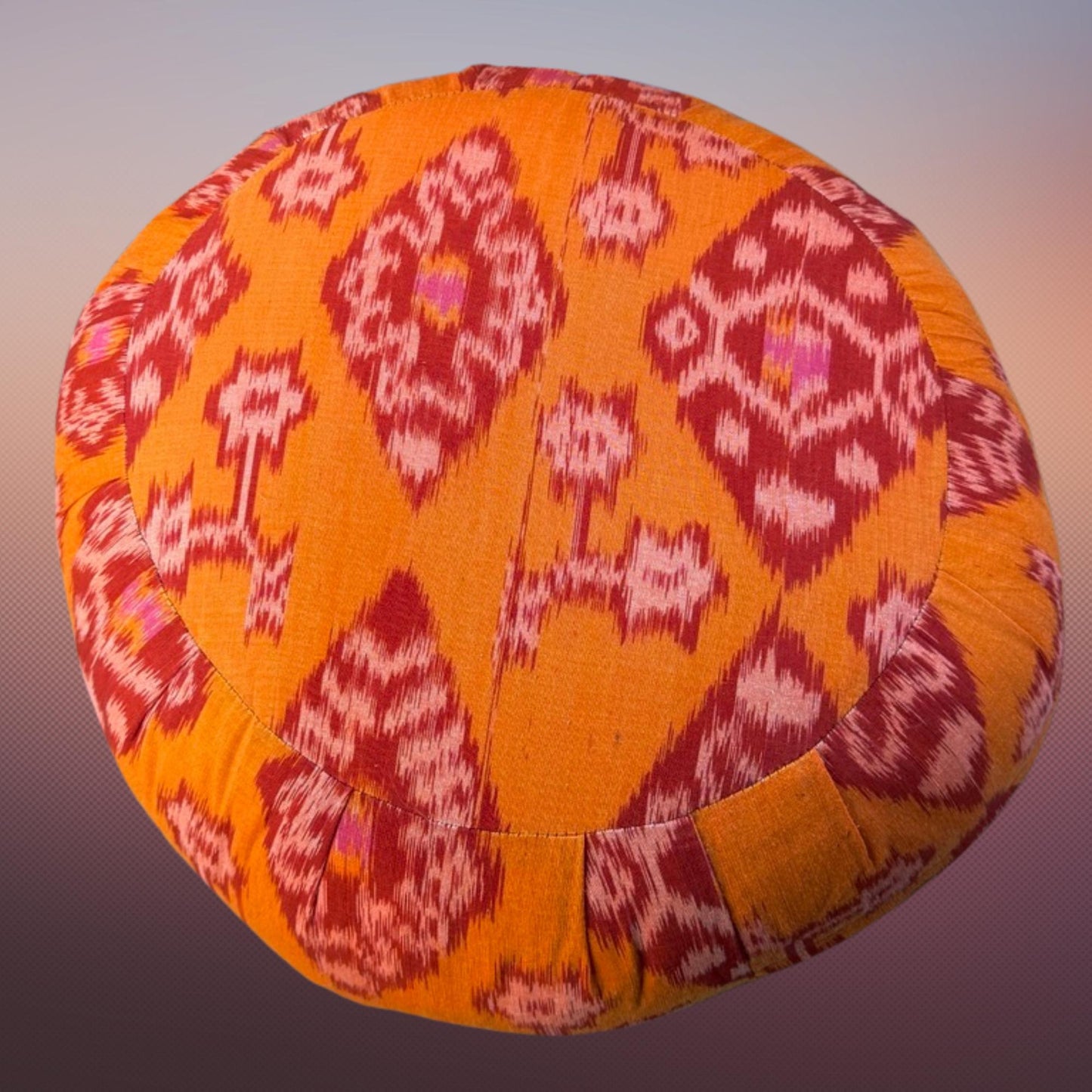 Handwoven Ikat Meditation Pillow: Organic Kapok Zafu Floor Cushion Orange