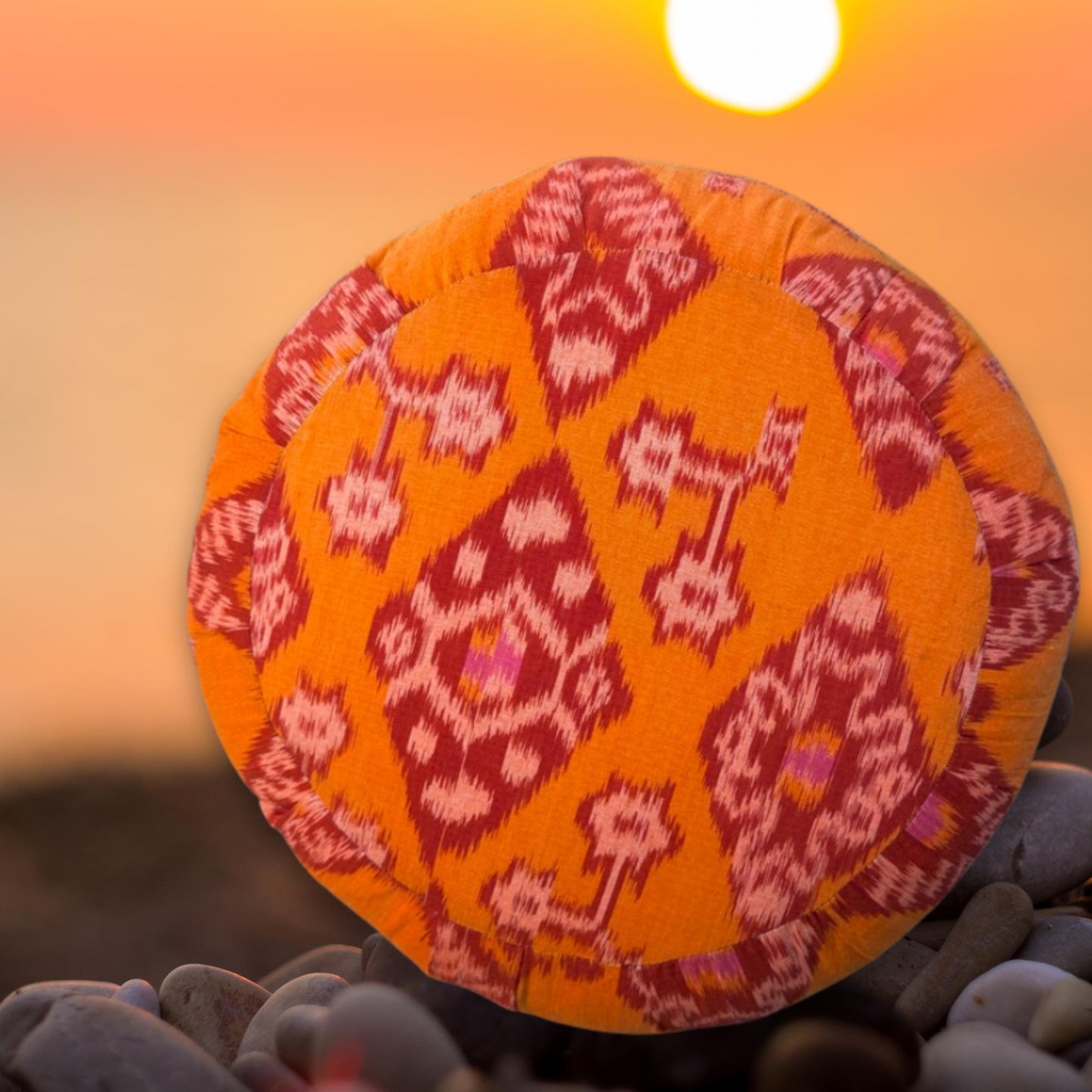 Handwoven Ikat Meditation Pillow: Organic Kapok Zafu Floor Cushion Orange