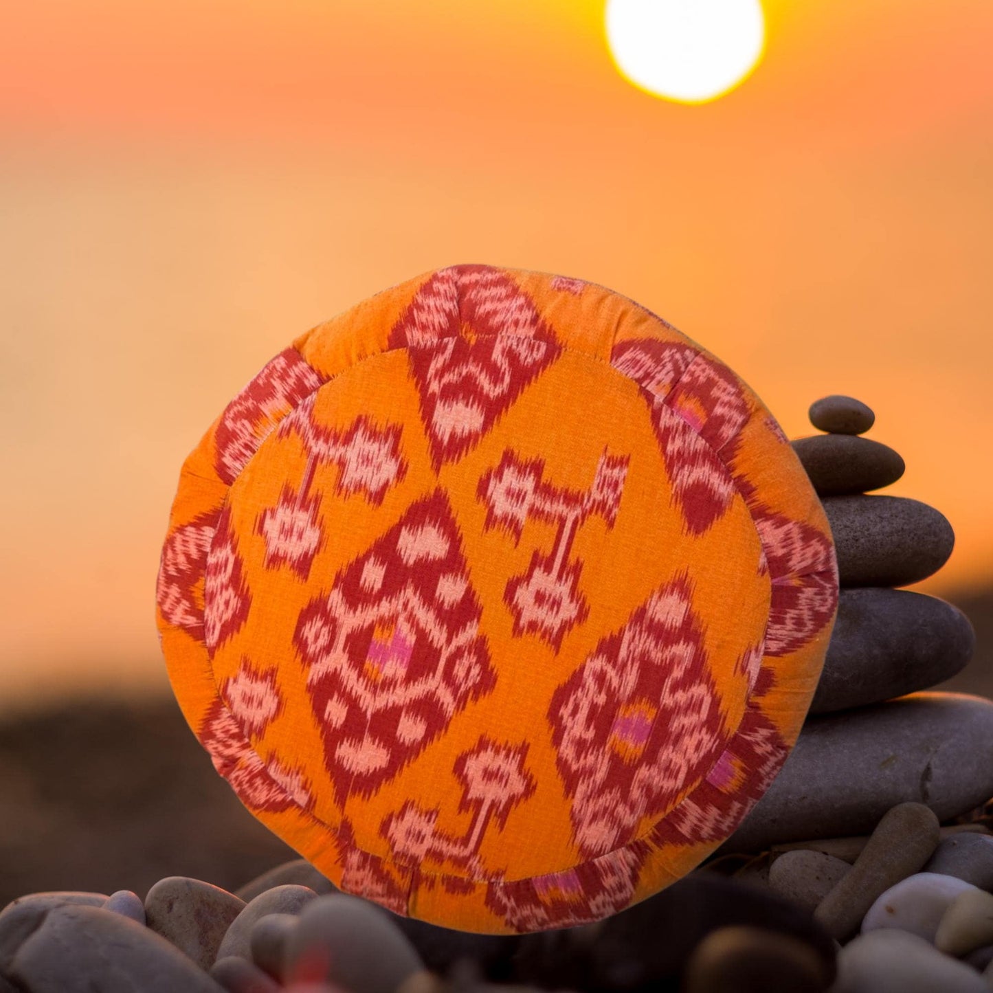 Handwoven Ikat Meditation Pillow: Organic Kapok Zafu Floor Cushion Orange