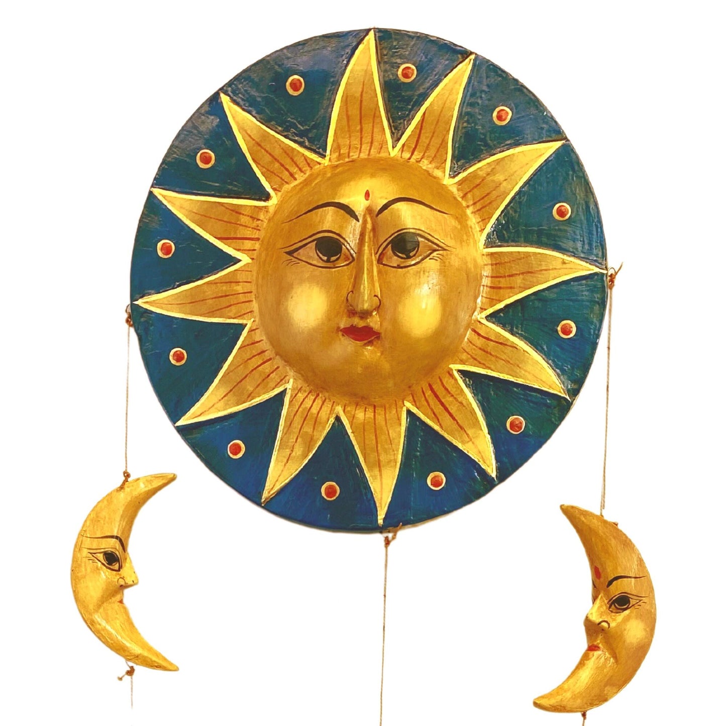 Vintage Style Celestial Mobile, Sun Moon Stars, Hand Carved Painted Wood, Balinese Folk Art