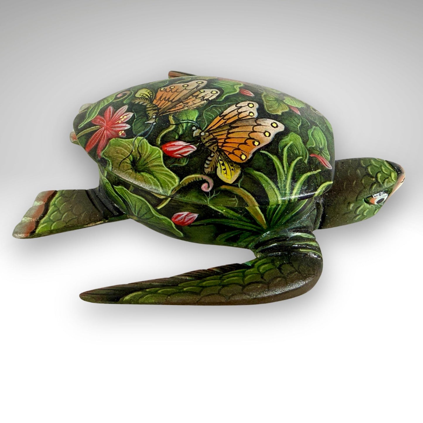Sea Turtle Jewelry Box - Hand Carved Wood & Painted Trinket Box - Balinese Art
