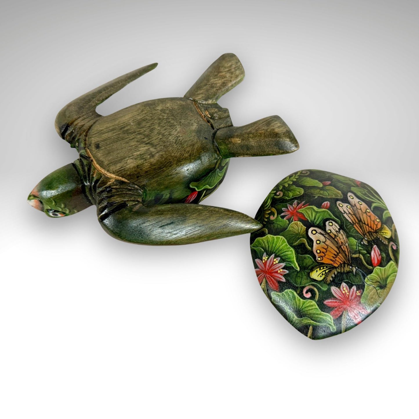 Sea Turtle Jewelry Box - Hand Carved Wood & Painted Trinket Box - Balinese Art
