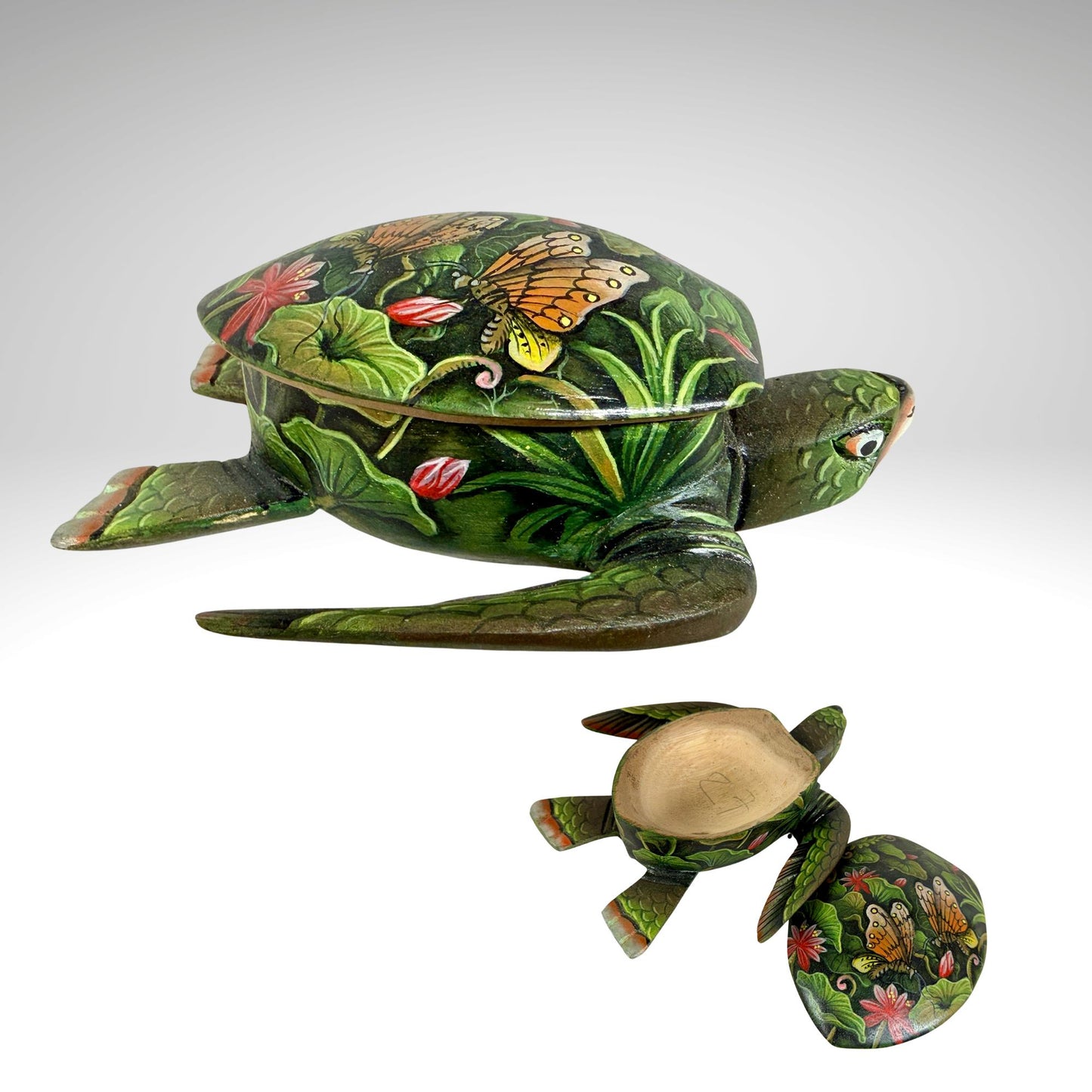 Sea Turtle Jewelry Box - Hand Carved Wood & Painted Trinket Box - Balinese Art