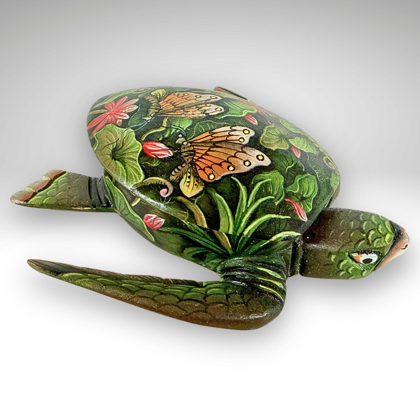 Sea Turtle Jewelry Box - Hand Carved Wood & Painted Trinket Box - Balinese Art