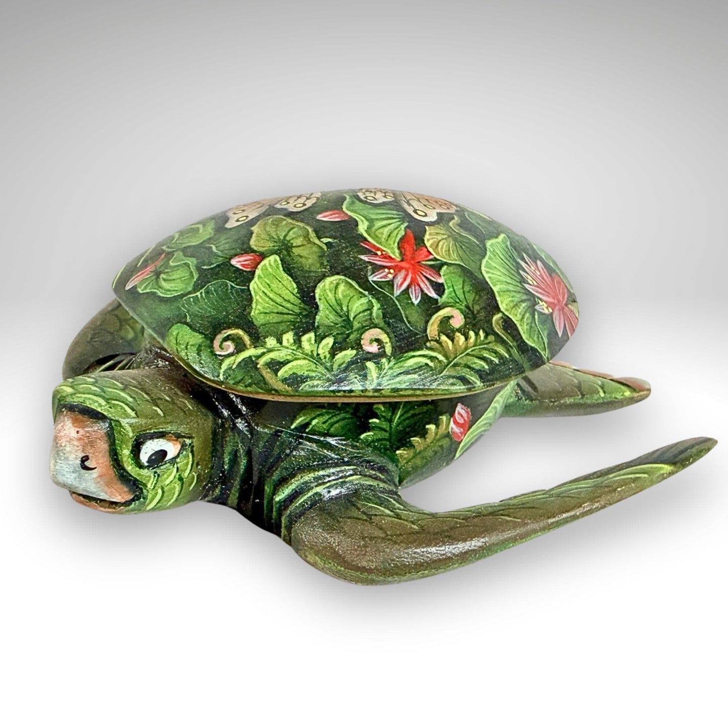 Sea Turtle Jewelry Box - Hand Carved Wood & Painted Trinket Box - Balinese Art