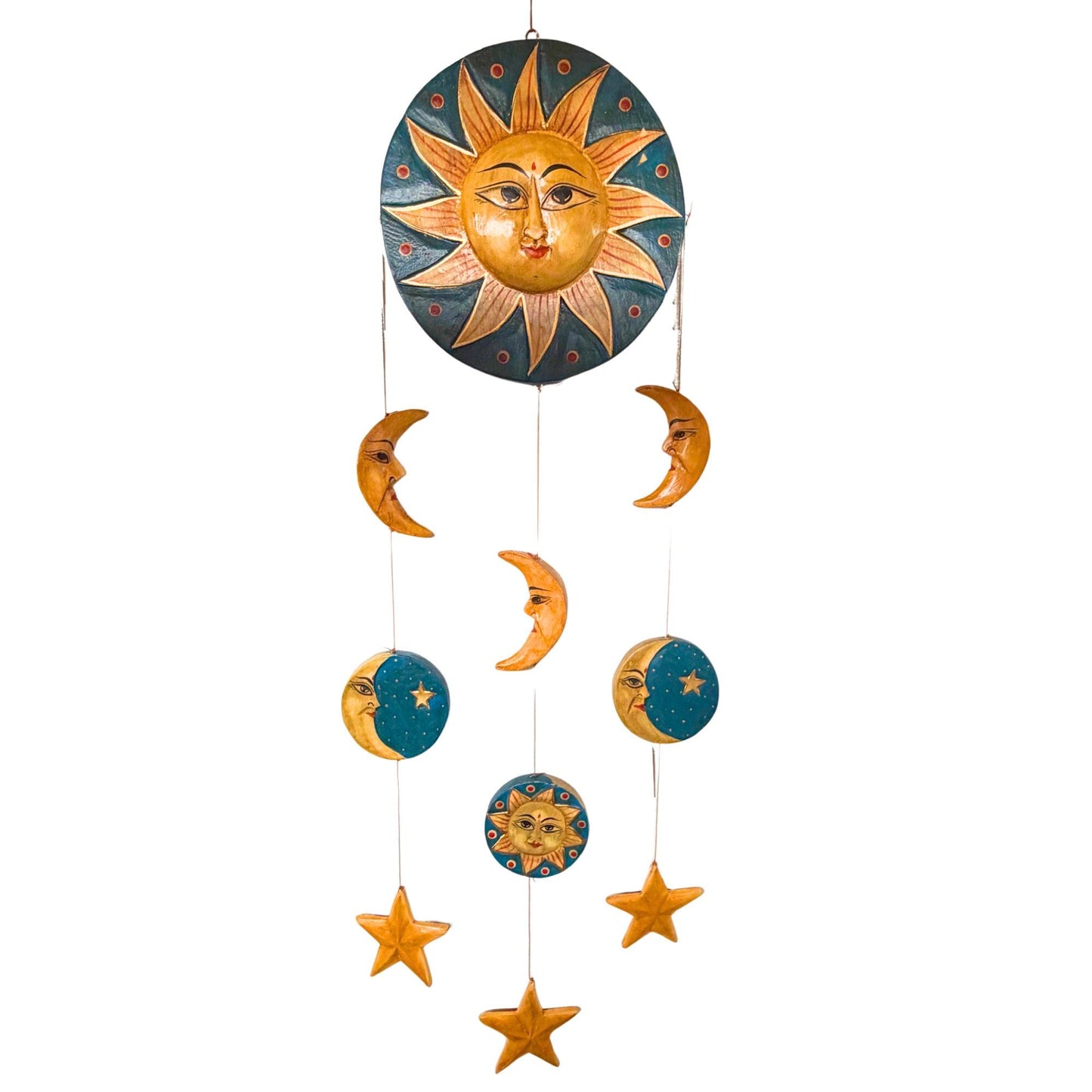 Vintage Style Celestial Mobile, Sun Moon Stars, Hand Carved Painted Wood, Balinese Folk Art