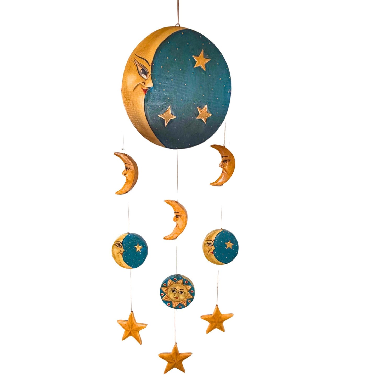Vintage Style Celestial Mobile, Sun Moon Stars, Hand Carved Painted Wood, Balinese Folk Art