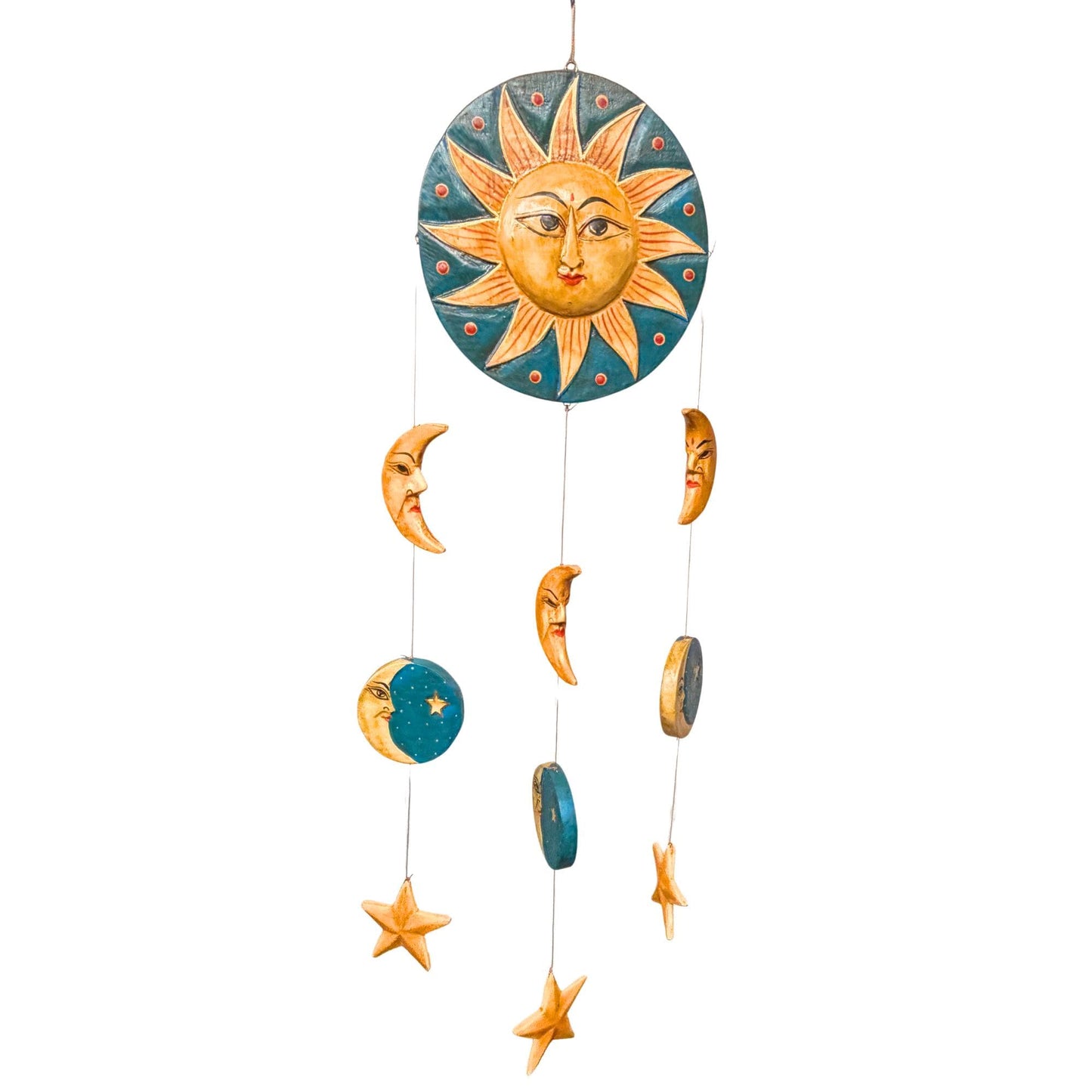 Vintage Style Celestial Mobile, Sun Moon Stars, Hand Carved Painted Wood, Balinese Folk Art