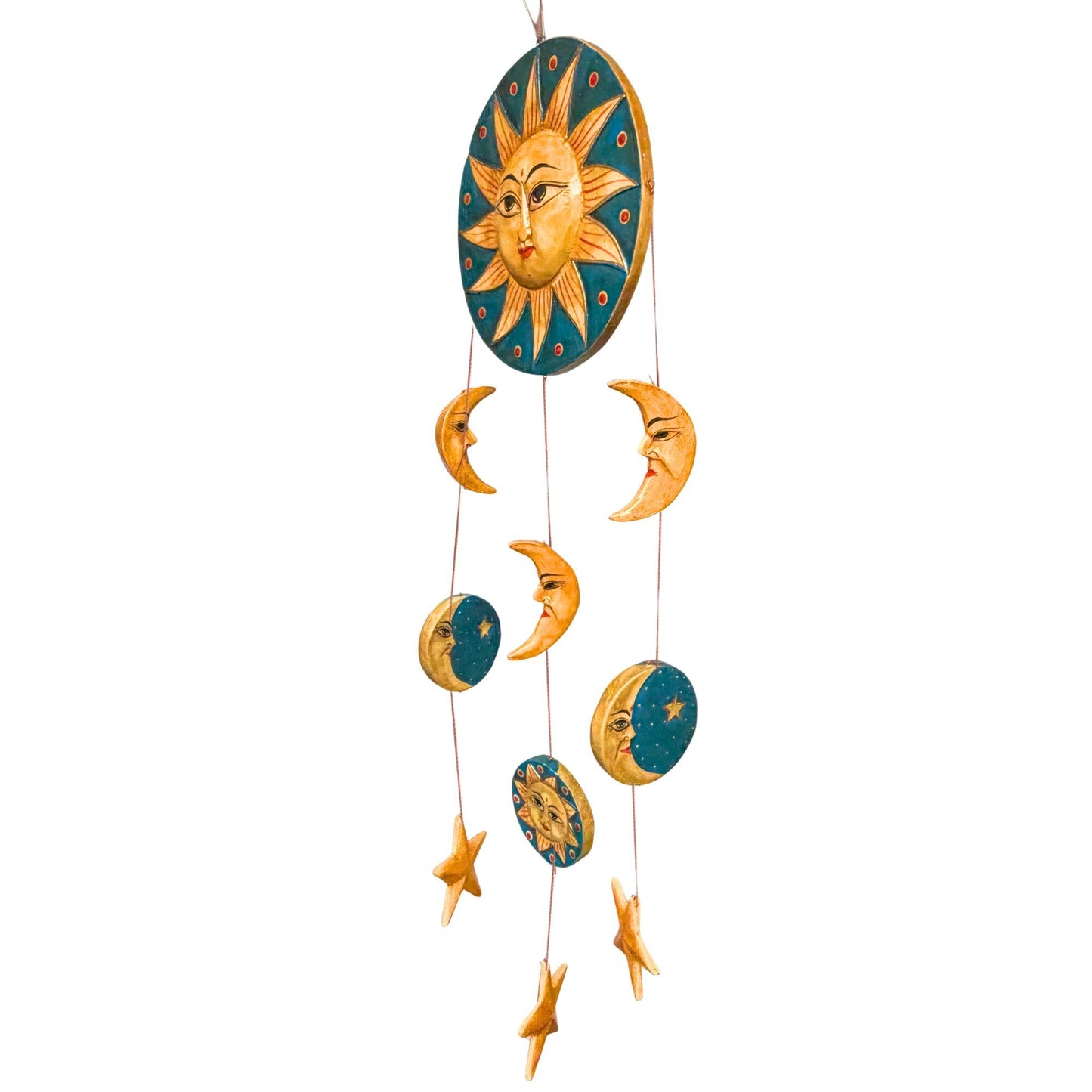 Vintage Style Celestial Mobile, Sun Moon Stars, Hand Carved Painted Wood, Balinese Folk Art