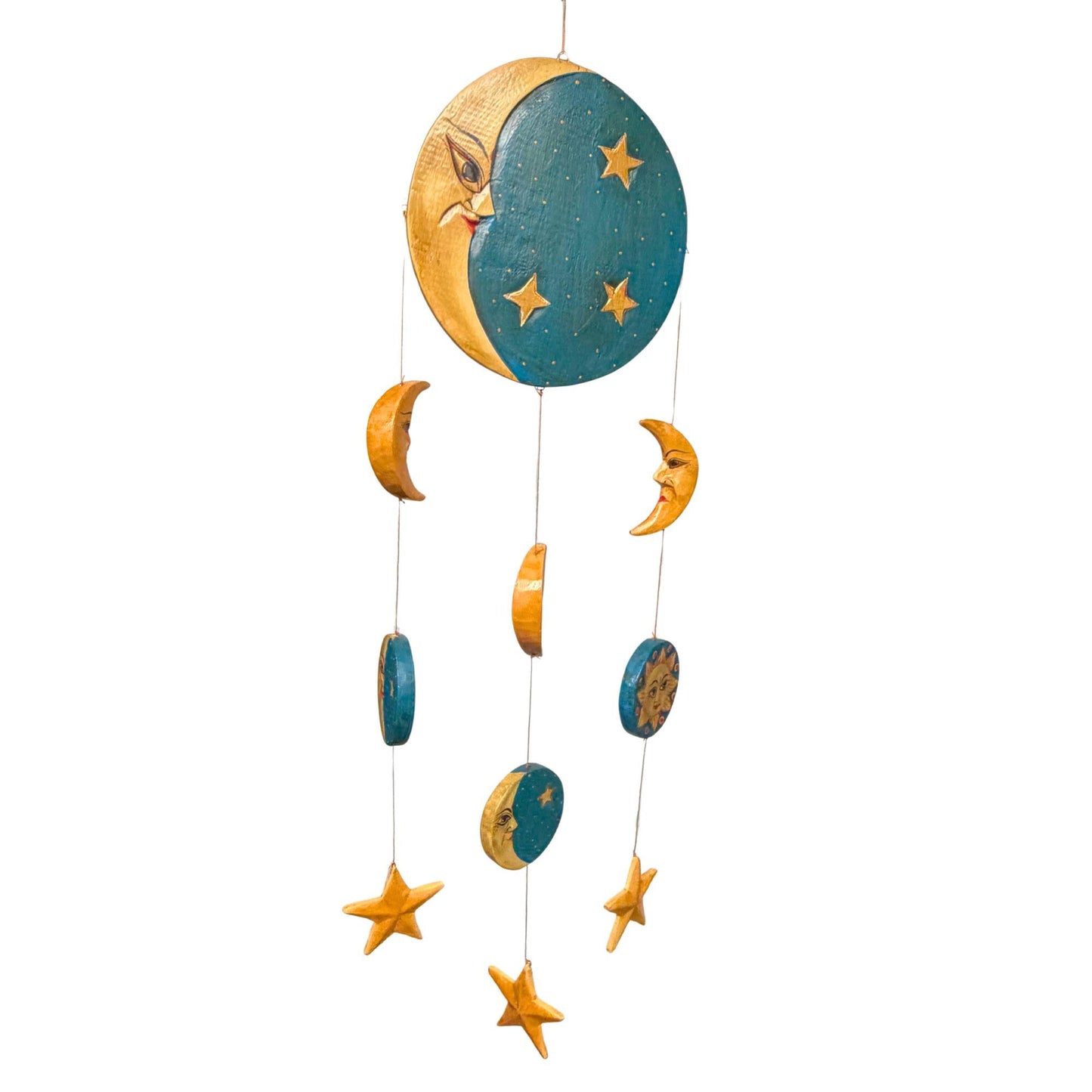 Vintage Style Celestial Mobile, Sun Moon Stars, Hand Carved Painted Wood, Balinese Folk Art