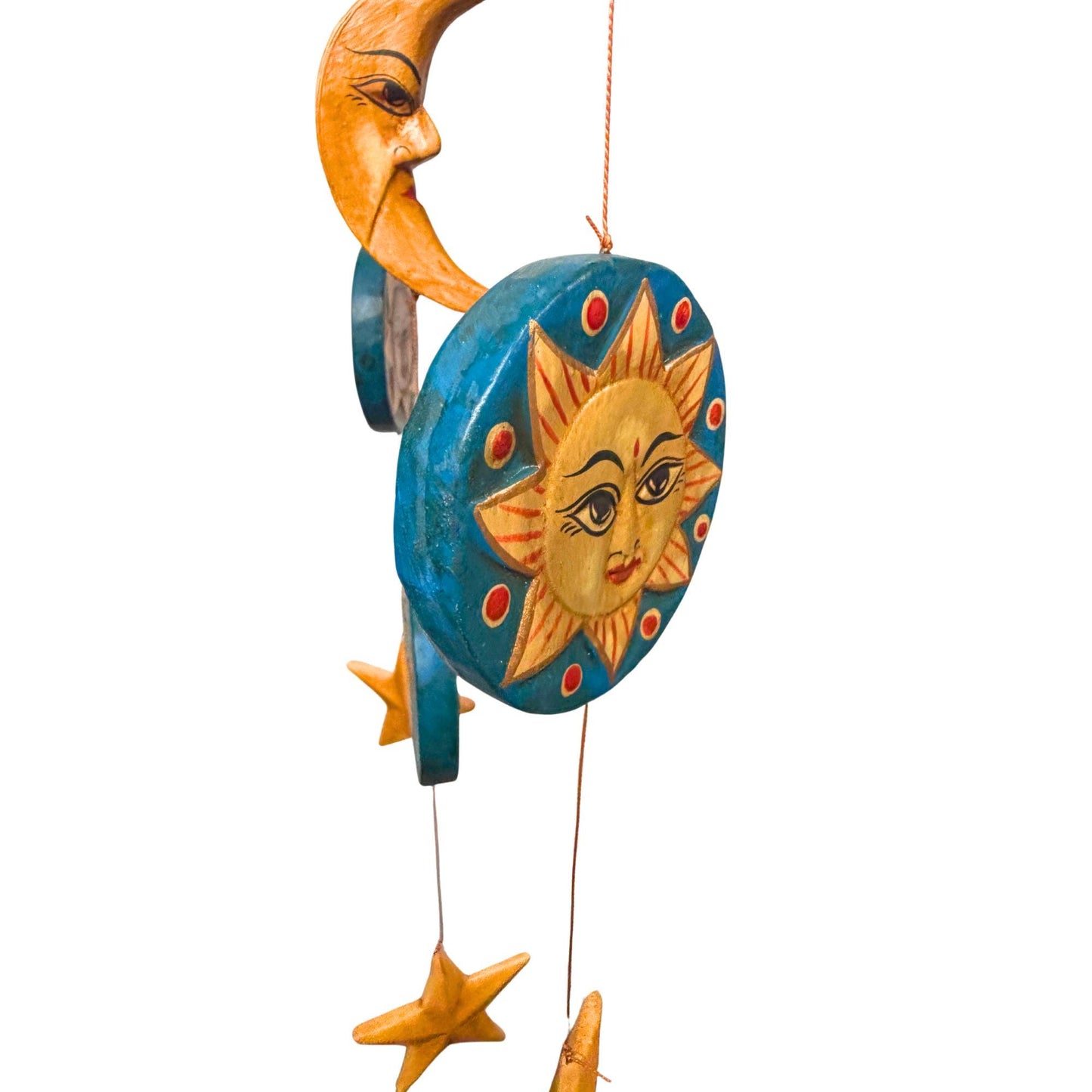 Vintage Style Celestial Mobile, Sun Moon Stars, Hand Carved Painted Wood, Balinese Folk Art