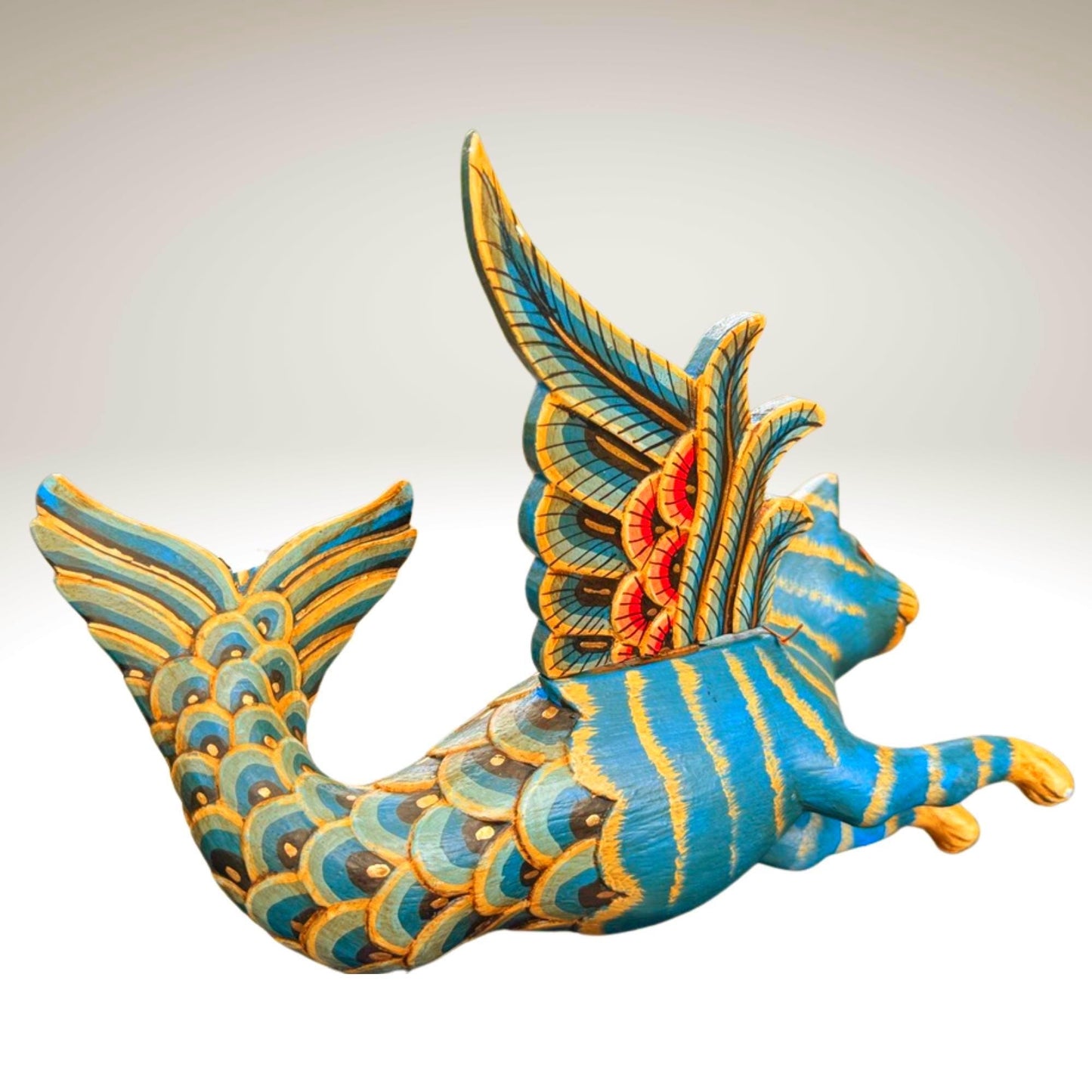 Hand Carved Winged Mermaid Cat Mobile: Balinese Spirit Guardian