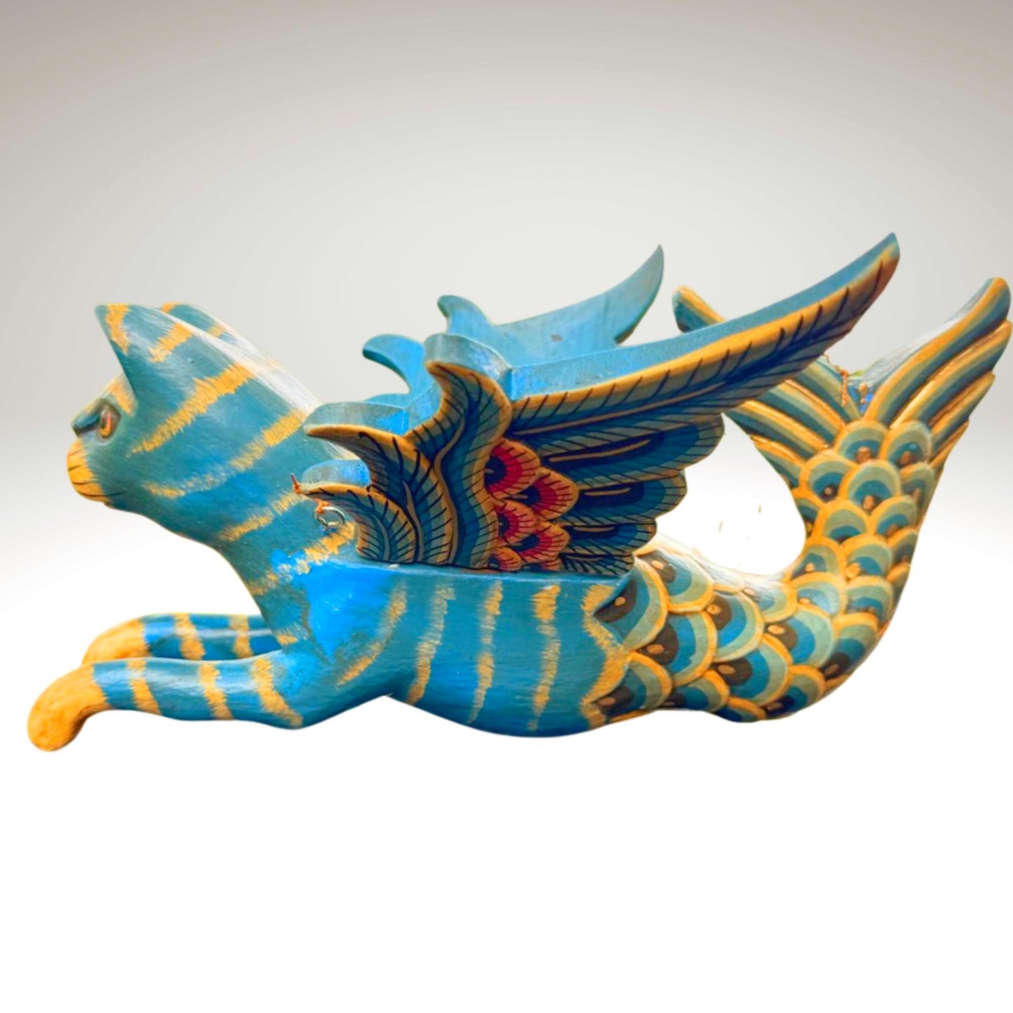 Hand Carved Winged Mermaid Cat Mobile: Balinese Spirit Guardian