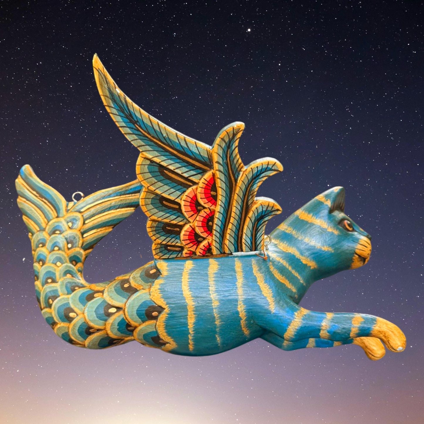 Hand Carved Winged Mermaid Cat Mobile: Balinese Spirit Guardian