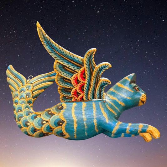 Hand Carved Winged Mermaid Cat Mobile: Balinese Spirit Guardian