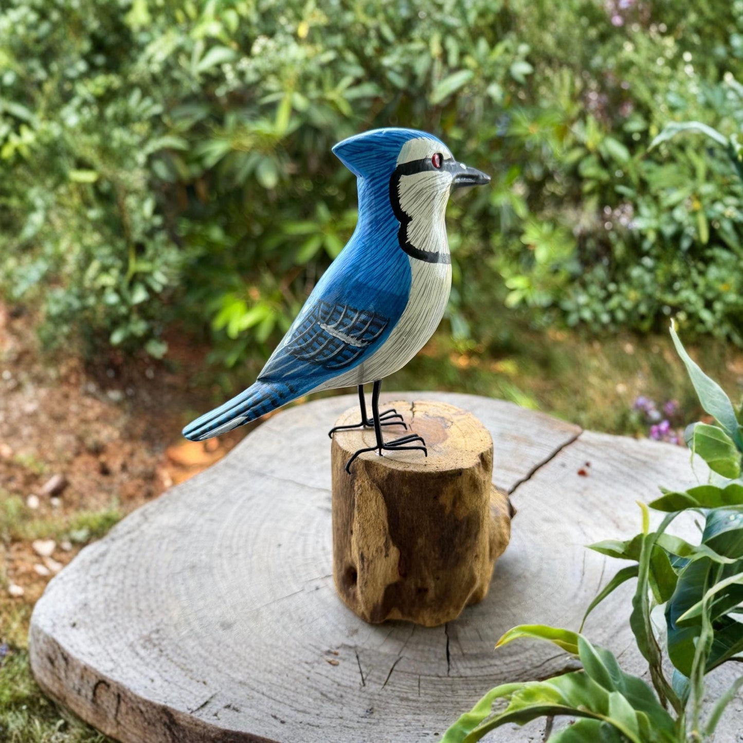 Hand Carved Blue Jay Wood Sculpture: Forest Bird Wildlife Art