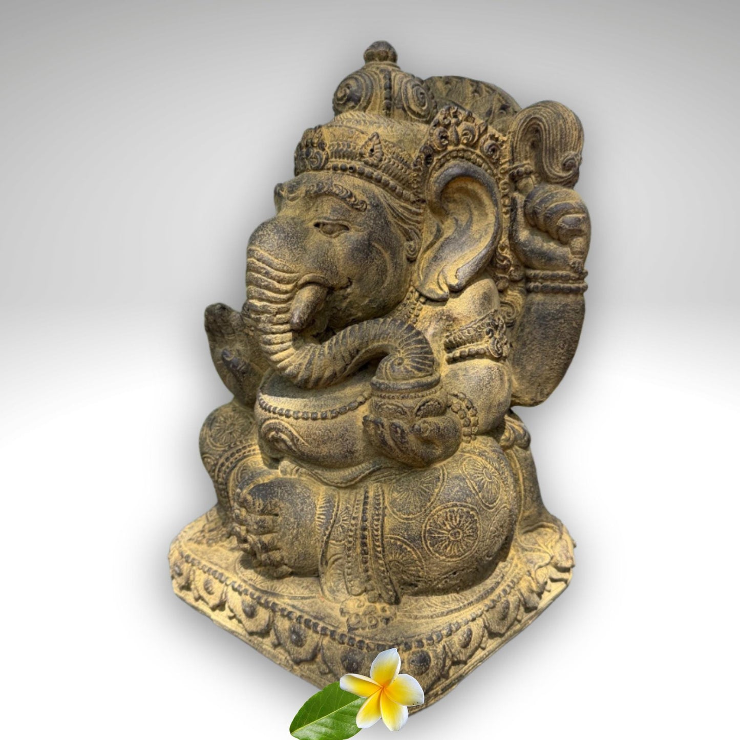 Chubby Ganesha Garden Statue: Lotus Pose,  Cast Stone Garden Sculpture, Balinese Art