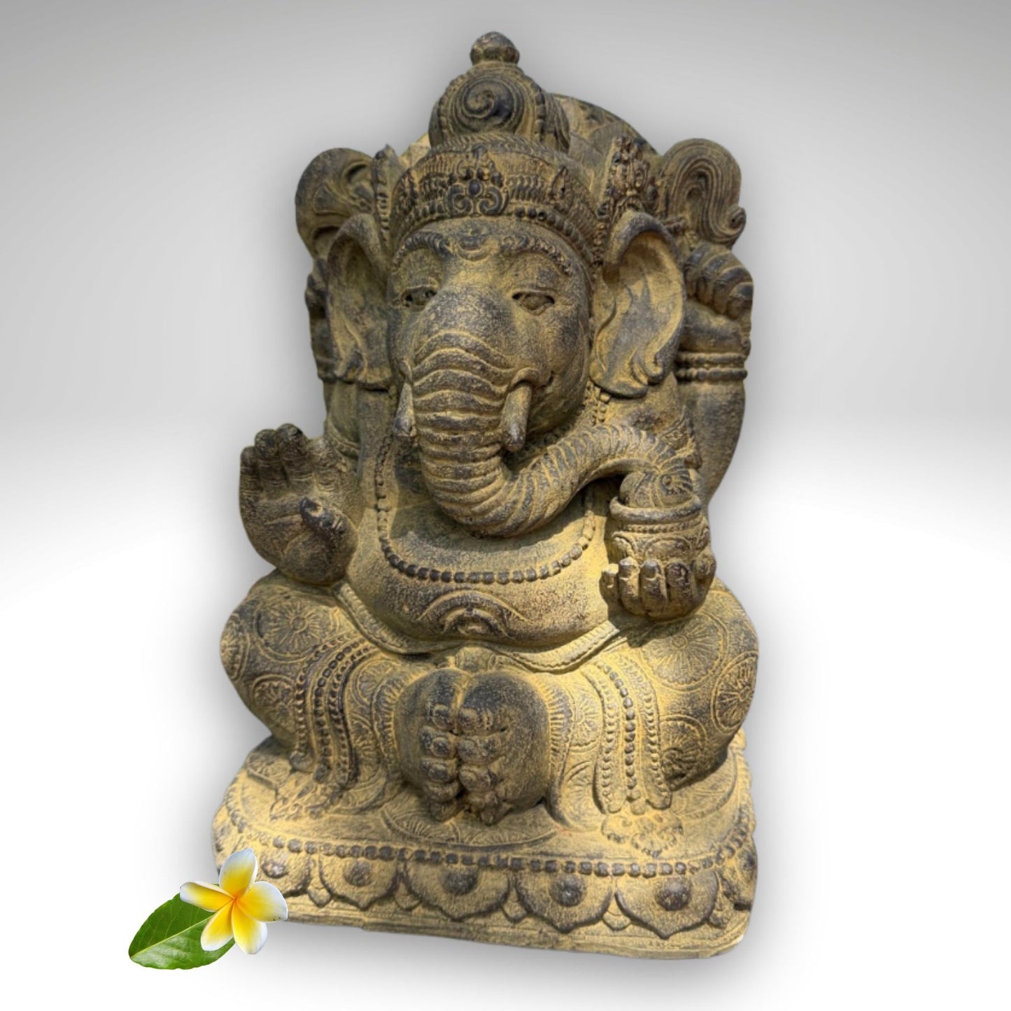 Chubby Ganesha Garden Statue: Lotus Pose,  Cast Stone Garden Sculpture, Balinese Art