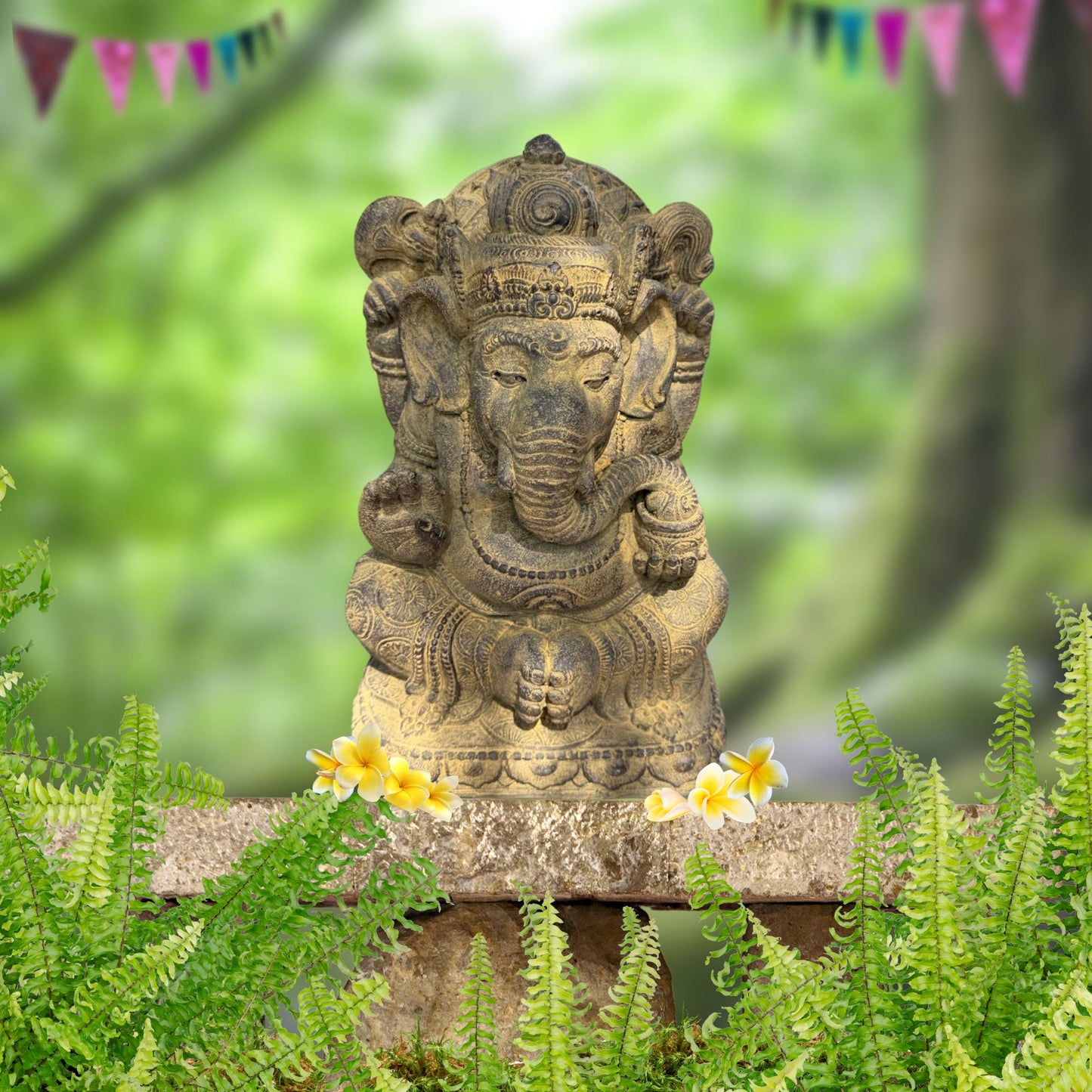 Chubby Ganesha Garden Statue: Lotus Pose,  Cast Stone Garden Sculpture, Balinese Art