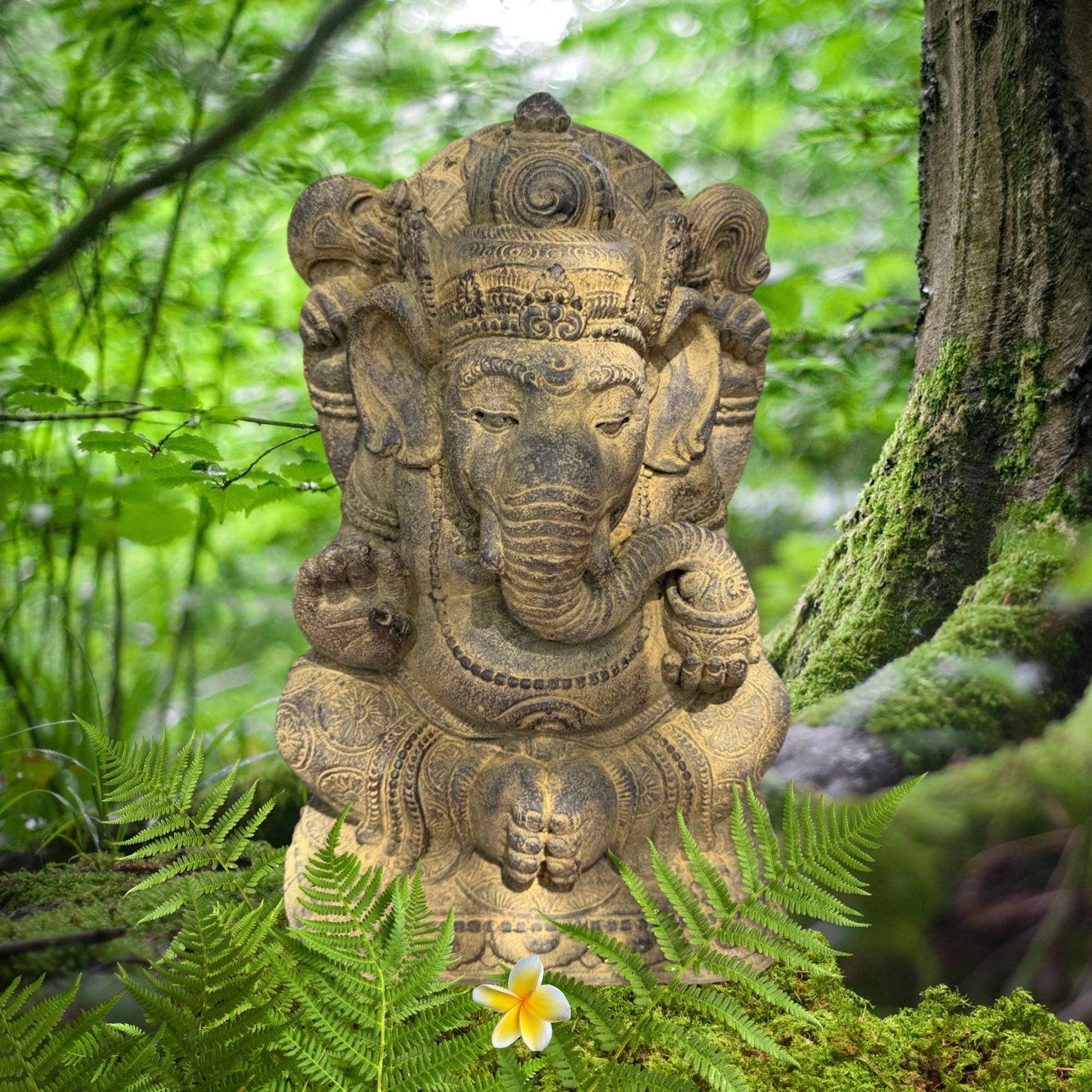 Chubby Ganesha Garden Statue: Lotus Pose,  Cast Stone Garden Sculpture, Balinese Art