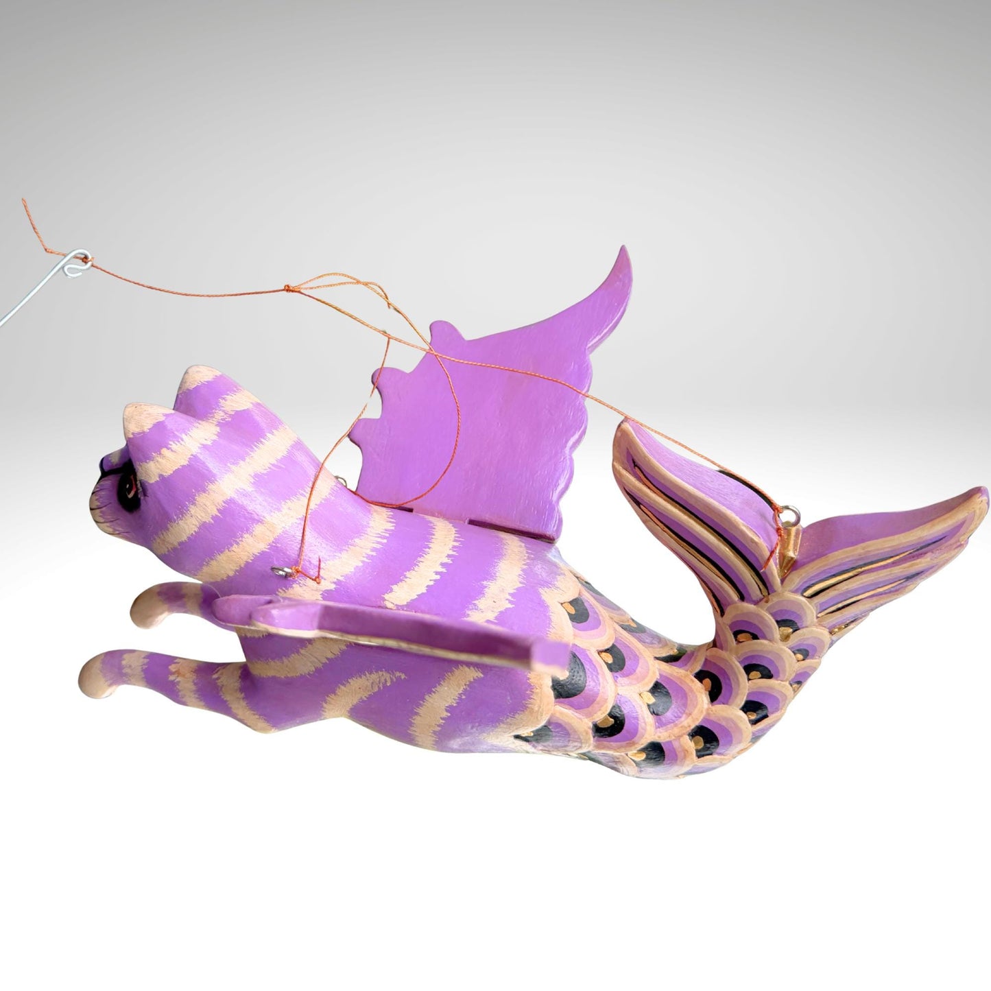 Hand Carved Winged Mermaid Cat Mobile: Balinese Mercat Spirit Guardian