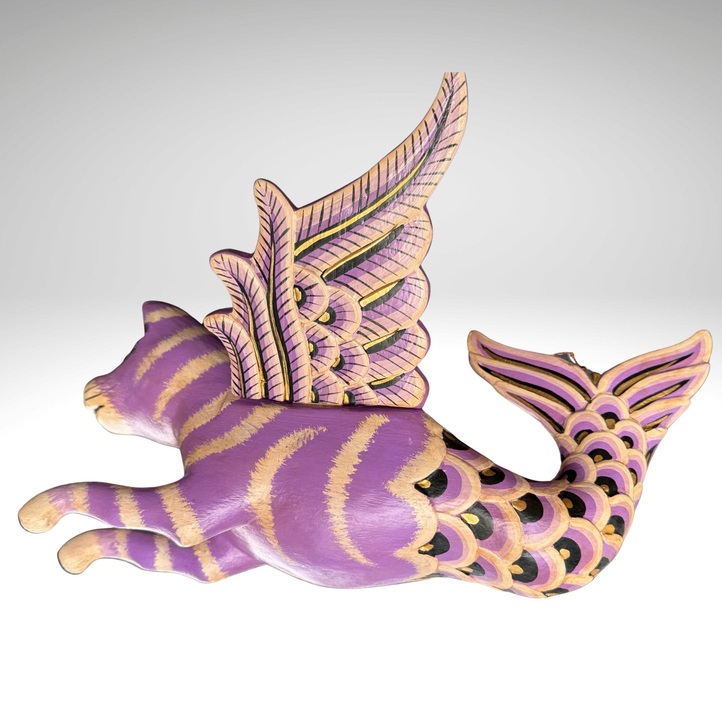 Hand Carved Winged Mermaid Cat Mobile: Balinese Mercat Spirit Guardian