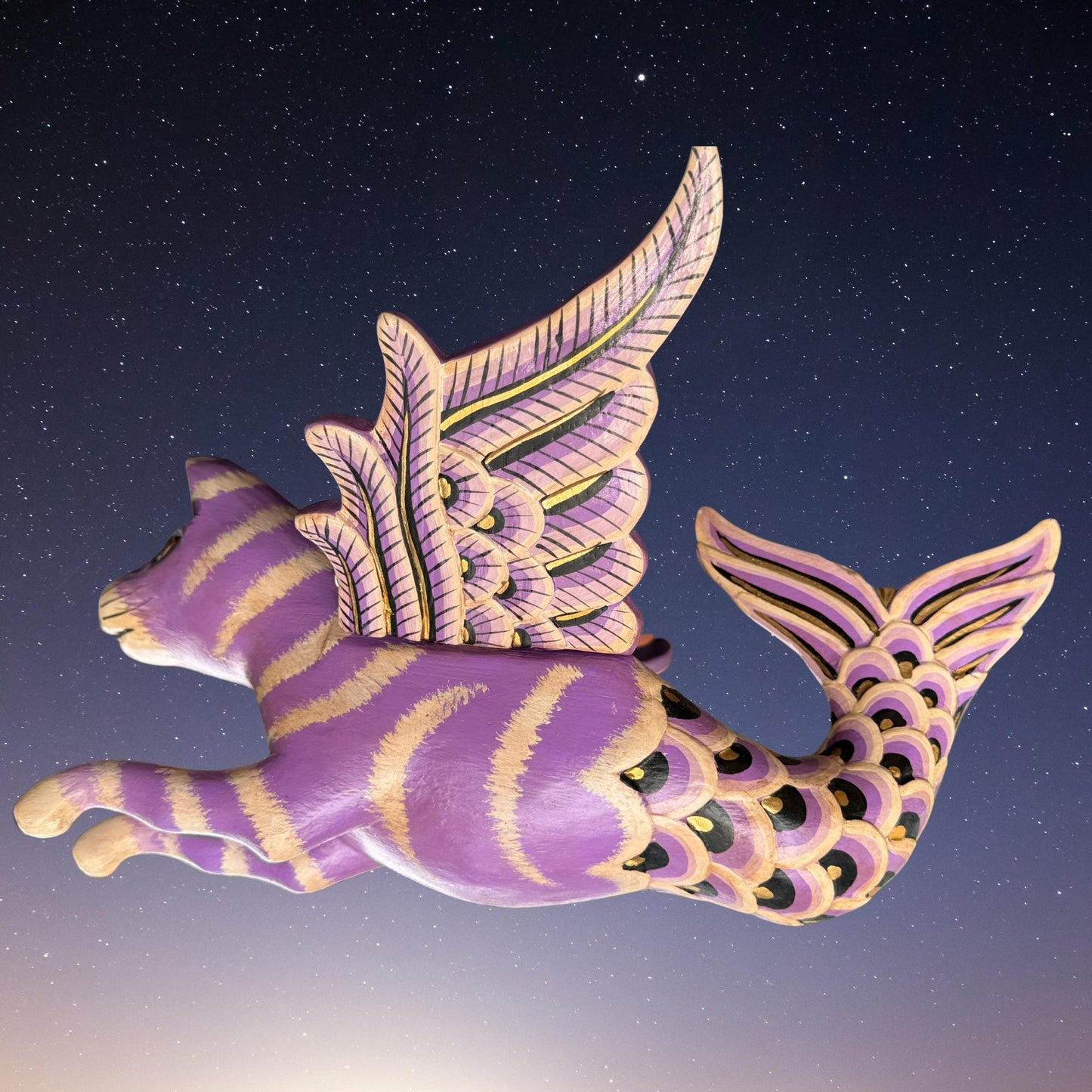 Hand Carved Winged Mermaid Cat Mobile: Balinese Mercat Spirit Guardian