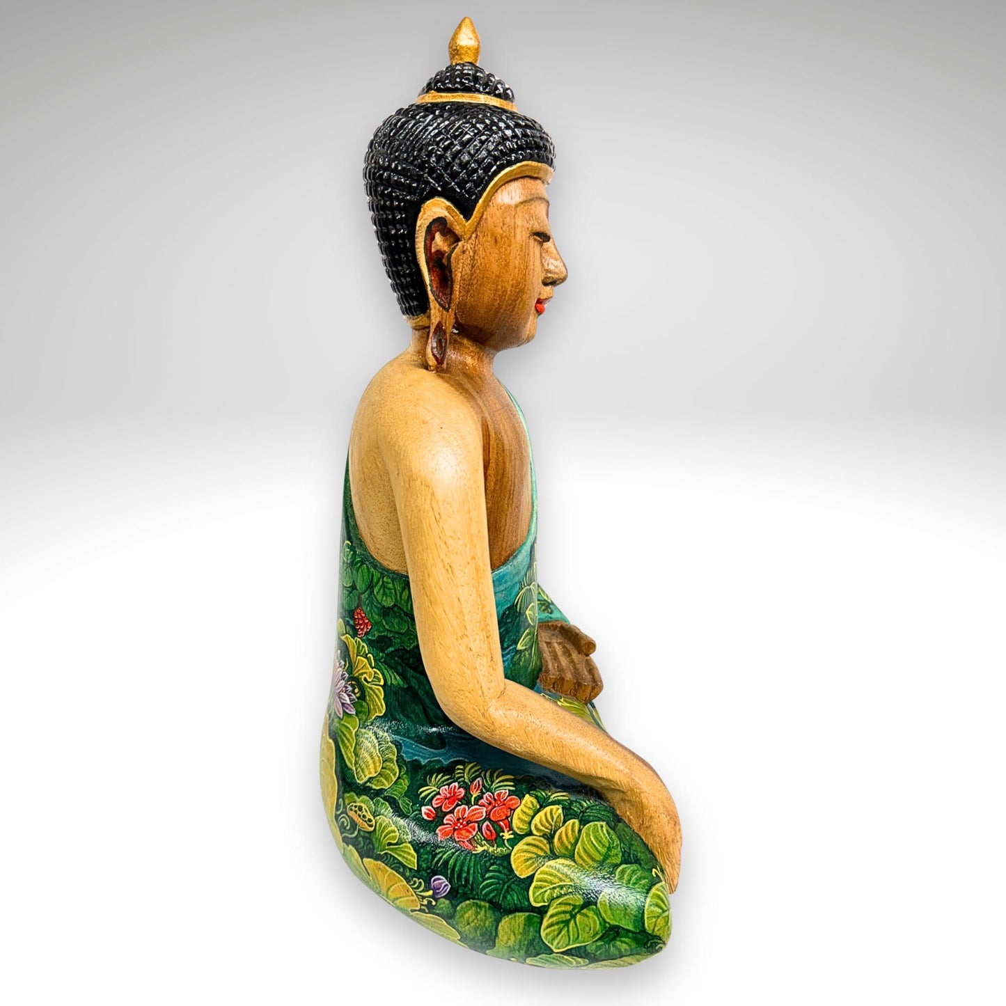 Hand Carved Wood Meditating Buddha Sculpture: Lotus Pose Bhumisparsha Mudra, Balinese Folk Art