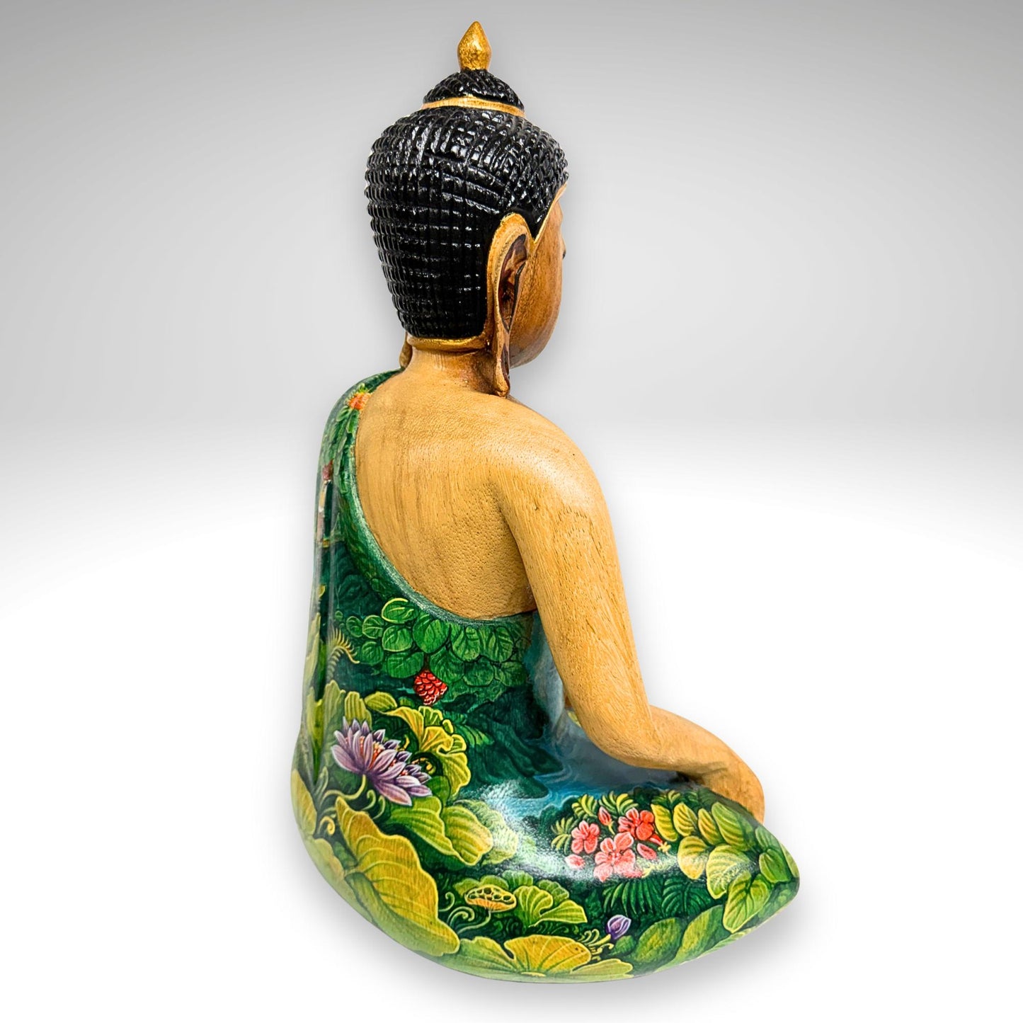 Hand Carved Wood Meditating Buddha Sculpture: Lotus Pose Bhumisparsha Mudra, Balinese Folk Art