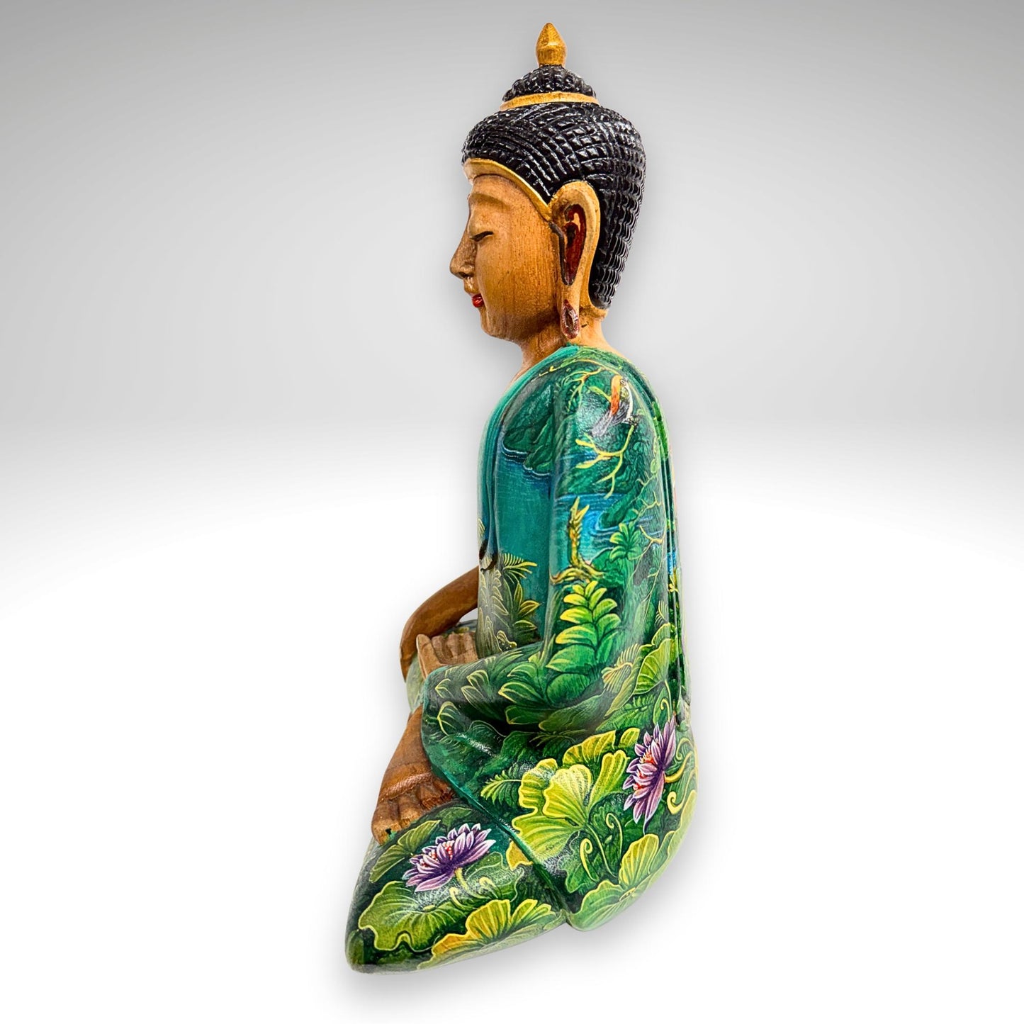 Hand Carved Wood Meditating Buddha Sculpture: Lotus Pose Bhumisparsha Mudra, Balinese Folk Art