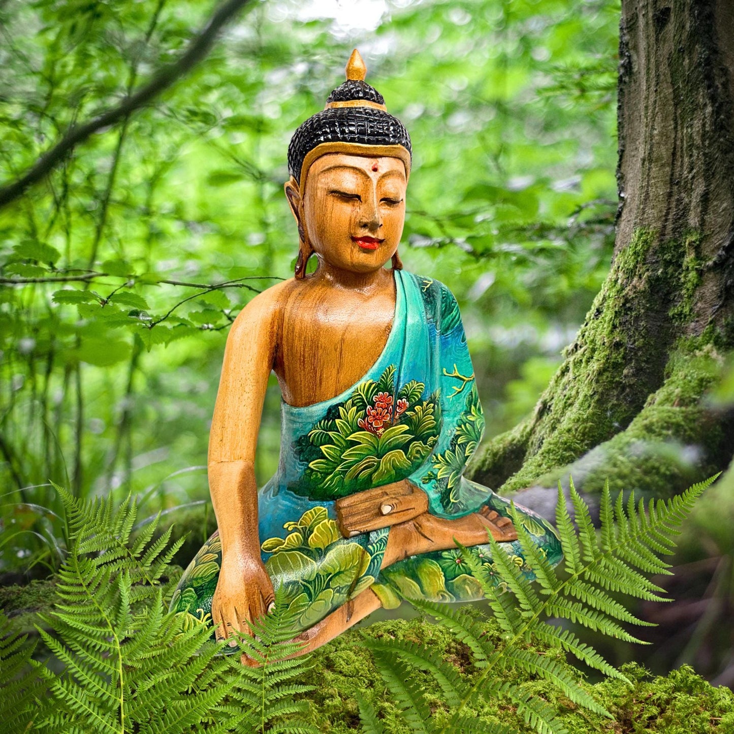 Hand Carved Wood Meditating Buddha Sculpture: Lotus Pose Bhumisparsha Mudra, Balinese Folk Art