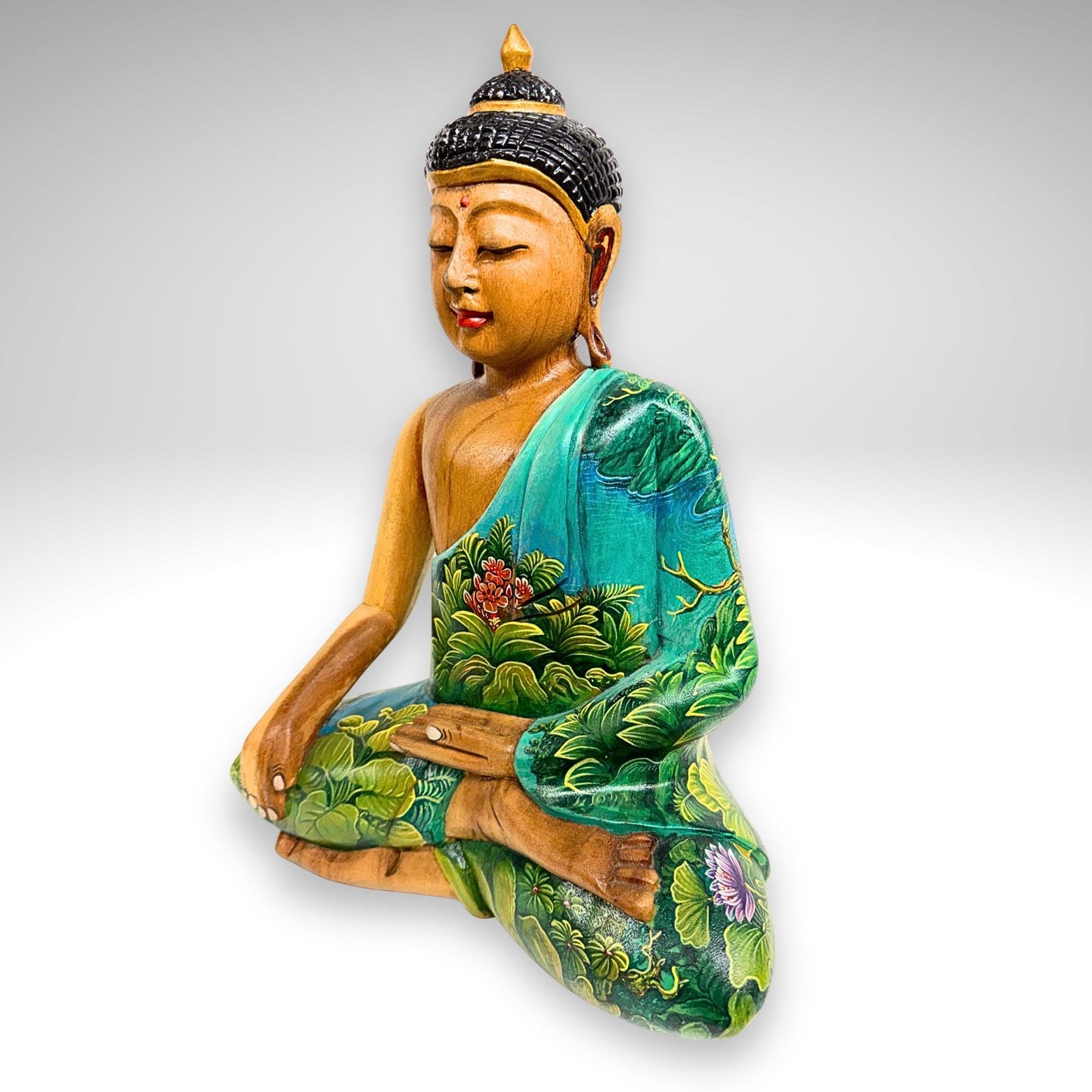 Hand Carved Wood Meditating Buddha Sculpture: Lotus Pose Bhumisparsha Mudra, Balinese Folk Art