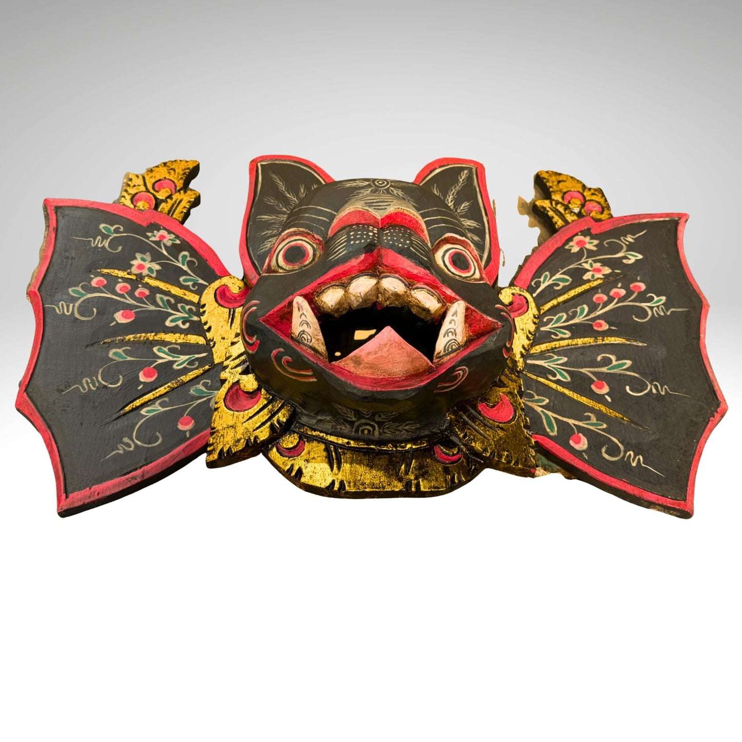 Balinese Winged Bat Mask Hand-Carved Bali Folk Art Wood Carving | Gothic Wall Decor