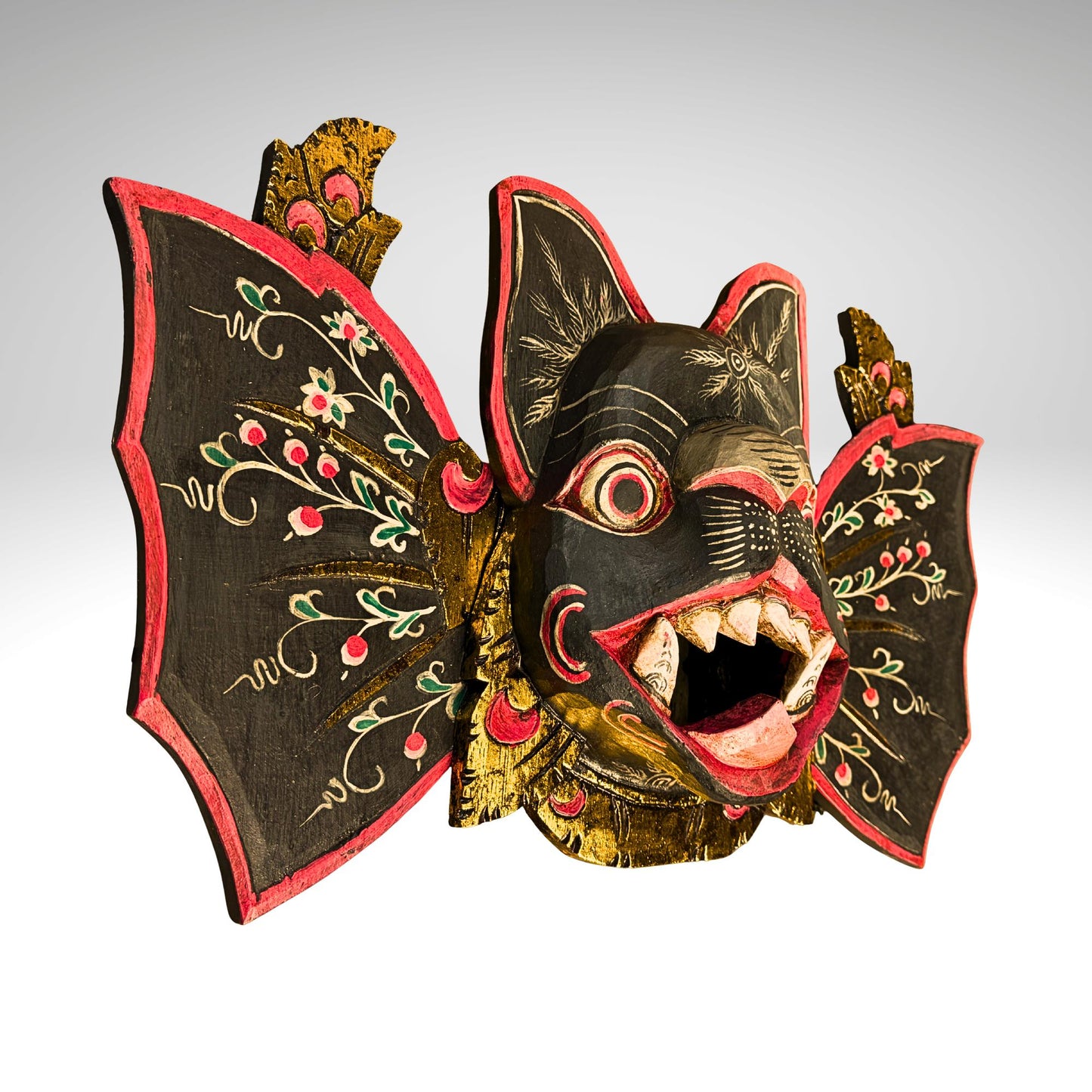 Balinese Winged Bat Mask Hand-Carved Bali Folk Art Wood Carving | Gothic Wall Decor