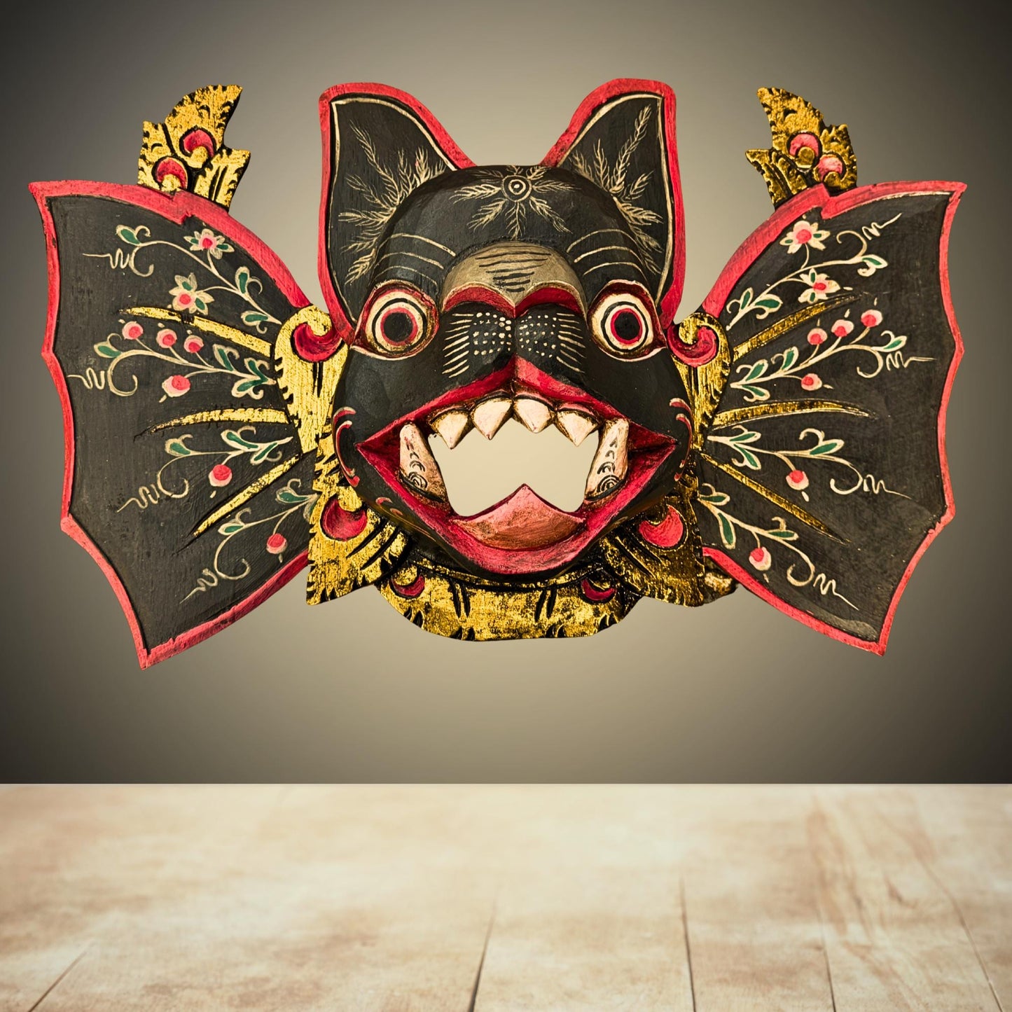 Balinese Winged Bat Mask Hand-Carved Bali Folk Art Wood Carving | Gothic Wall Decor