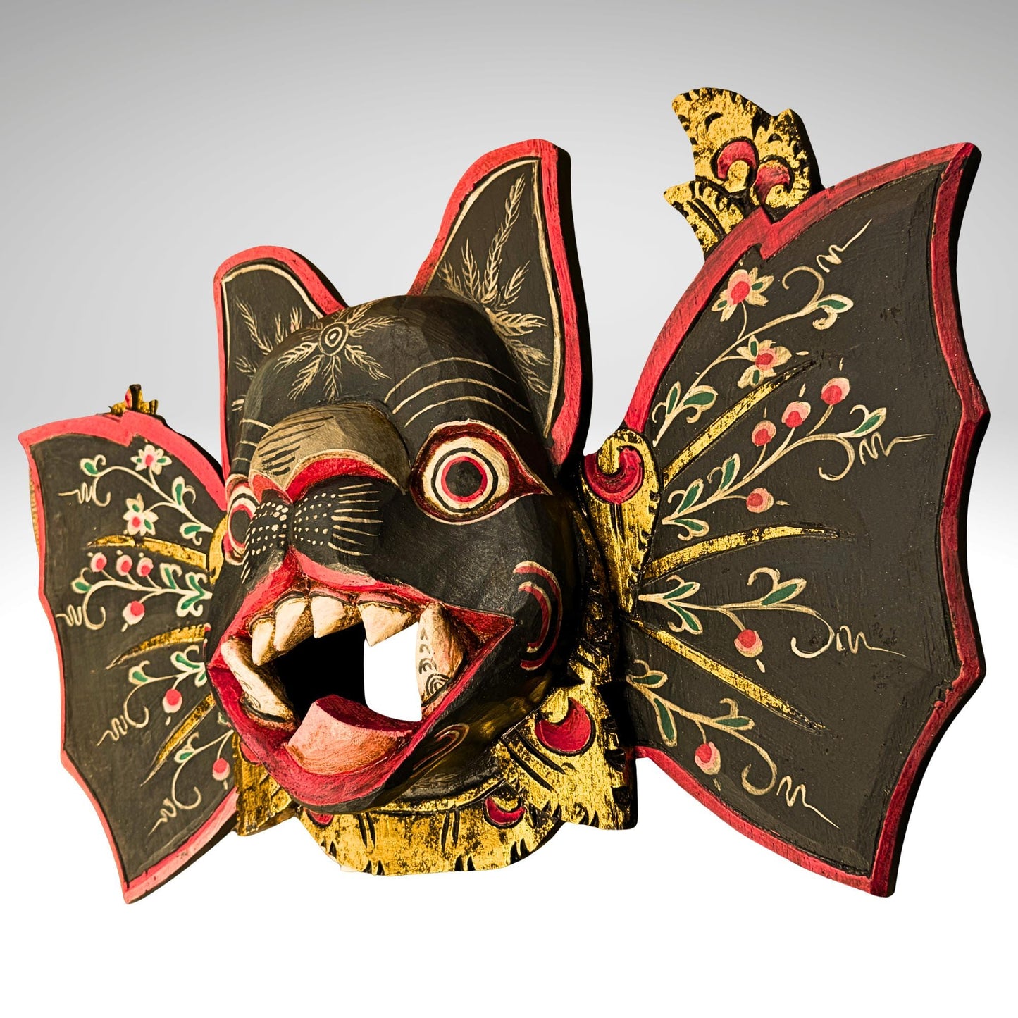 Balinese Winged Bat Mask Hand-Carved Bali Folk Art Wood Carving | Gothic Wall Decor