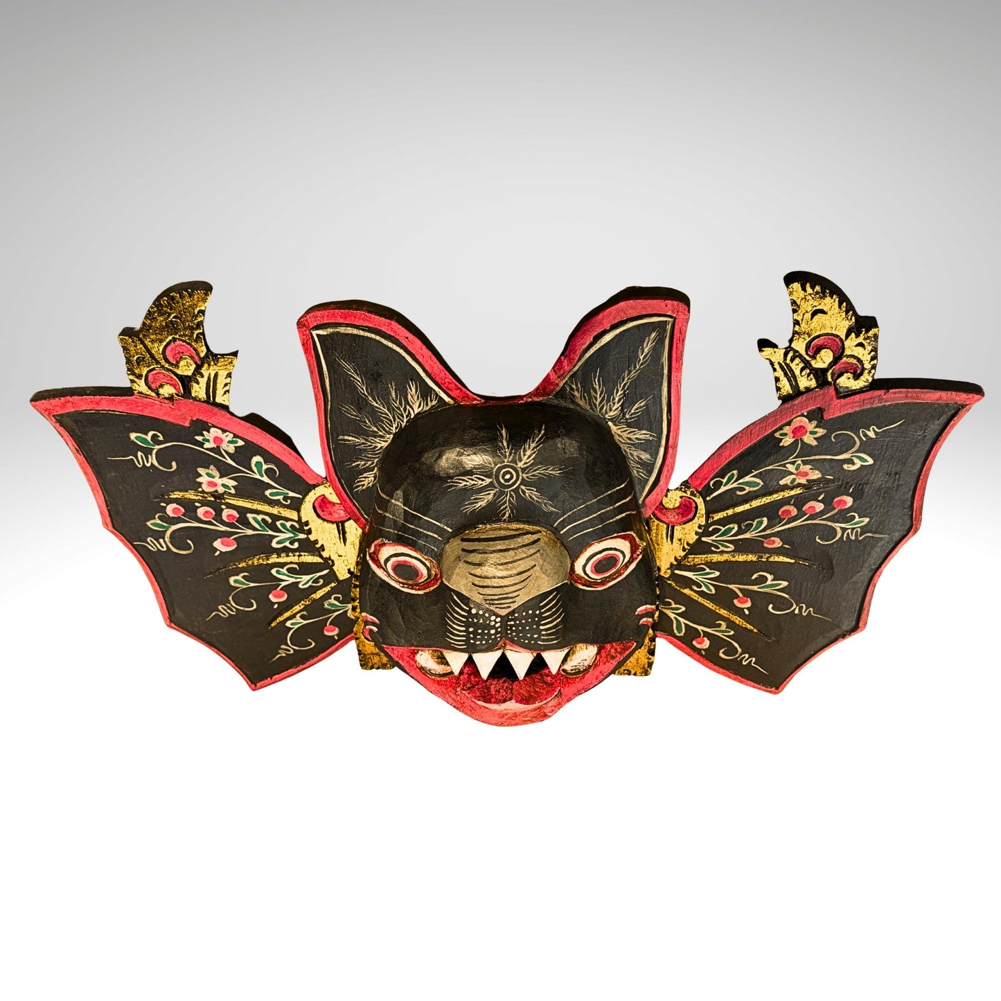 Balinese Winged Bat Mask Hand-Carved Bali Folk Art Wood Carving | Gothic Wall Decor