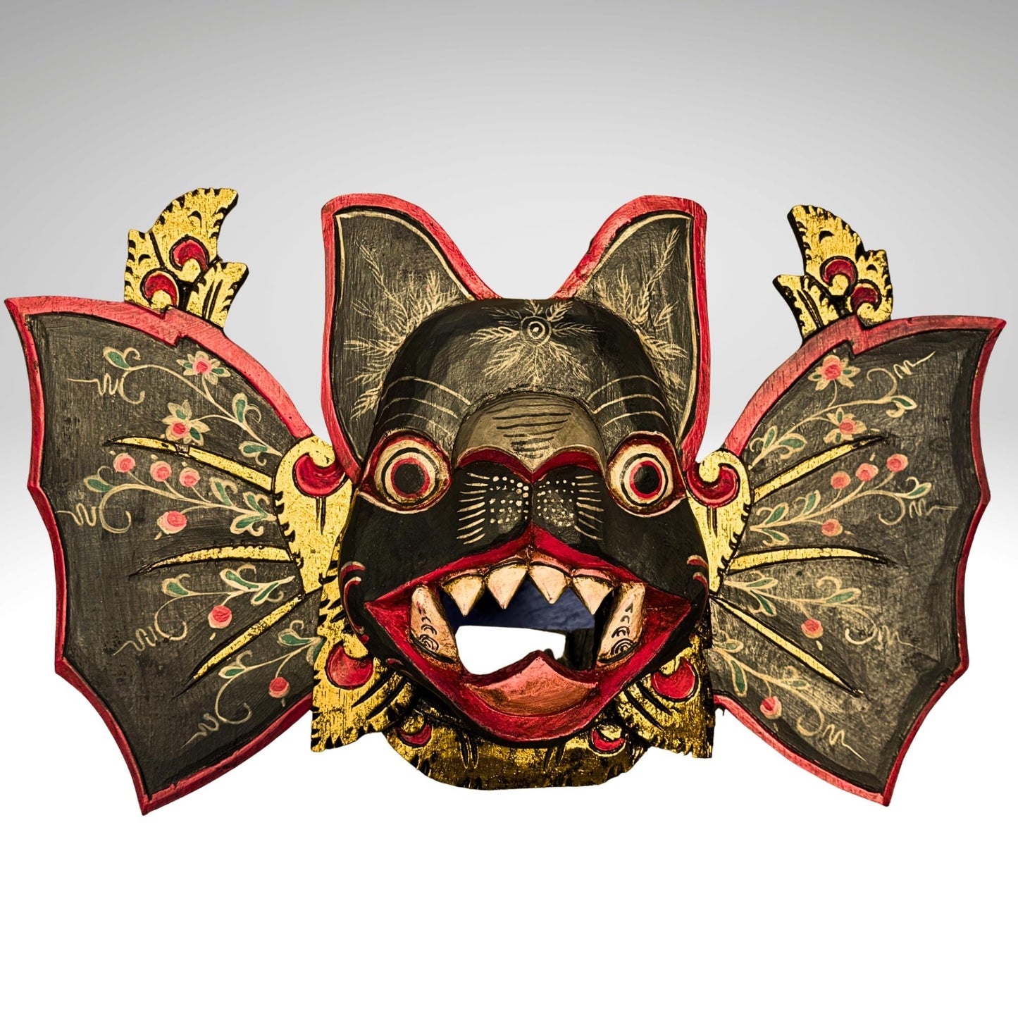 Balinese Winged Bat Mask Hand-Carved Bali Folk Art Wood Carving | Gothic Wall Decor