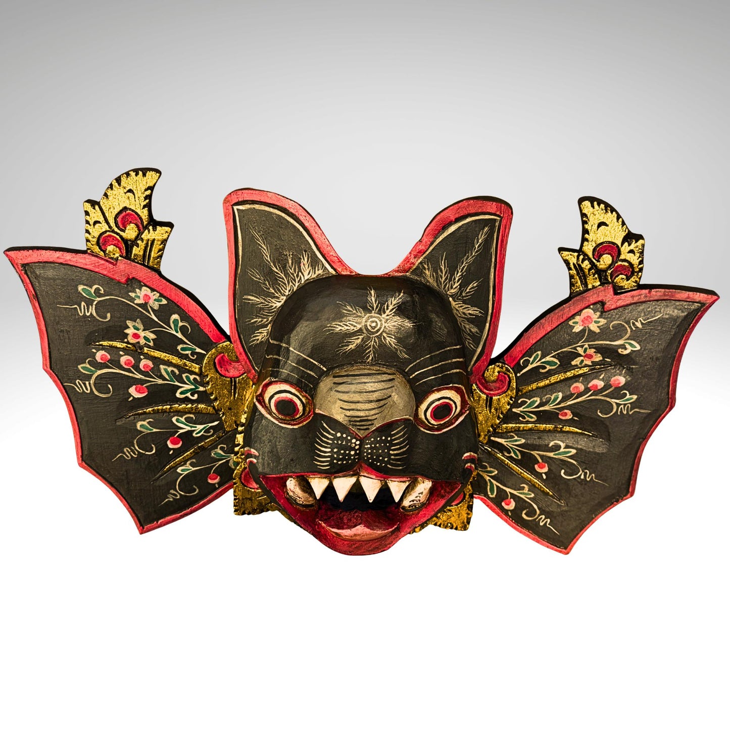 Balinese Winged Bat Mask Hand-Carved Bali Folk Art Wood Carving | Gothic Wall Decor