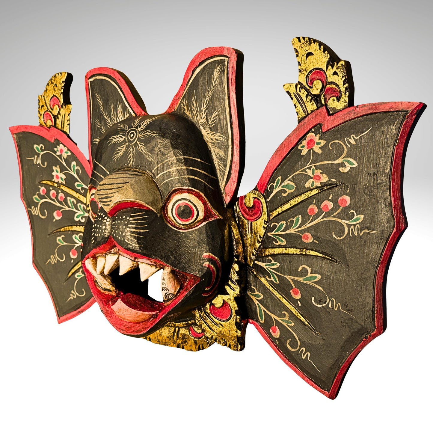 Balinese Winged Bat Mask Hand-Carved Bali Folk Art Wood Carving | Gothic Wall Decor