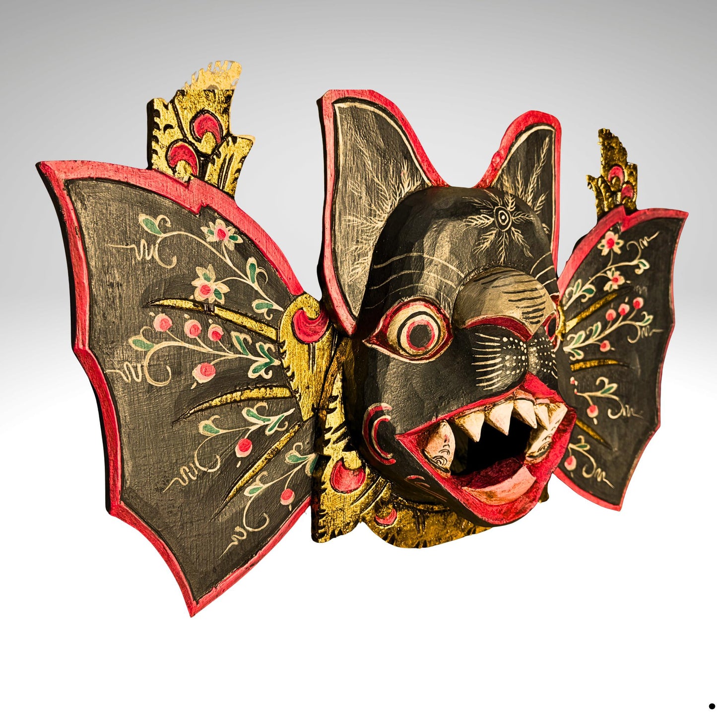 Balinese Winged Bat Mask Hand-Carved Bali Folk Art Wood Carving | Gothic Wall Decor