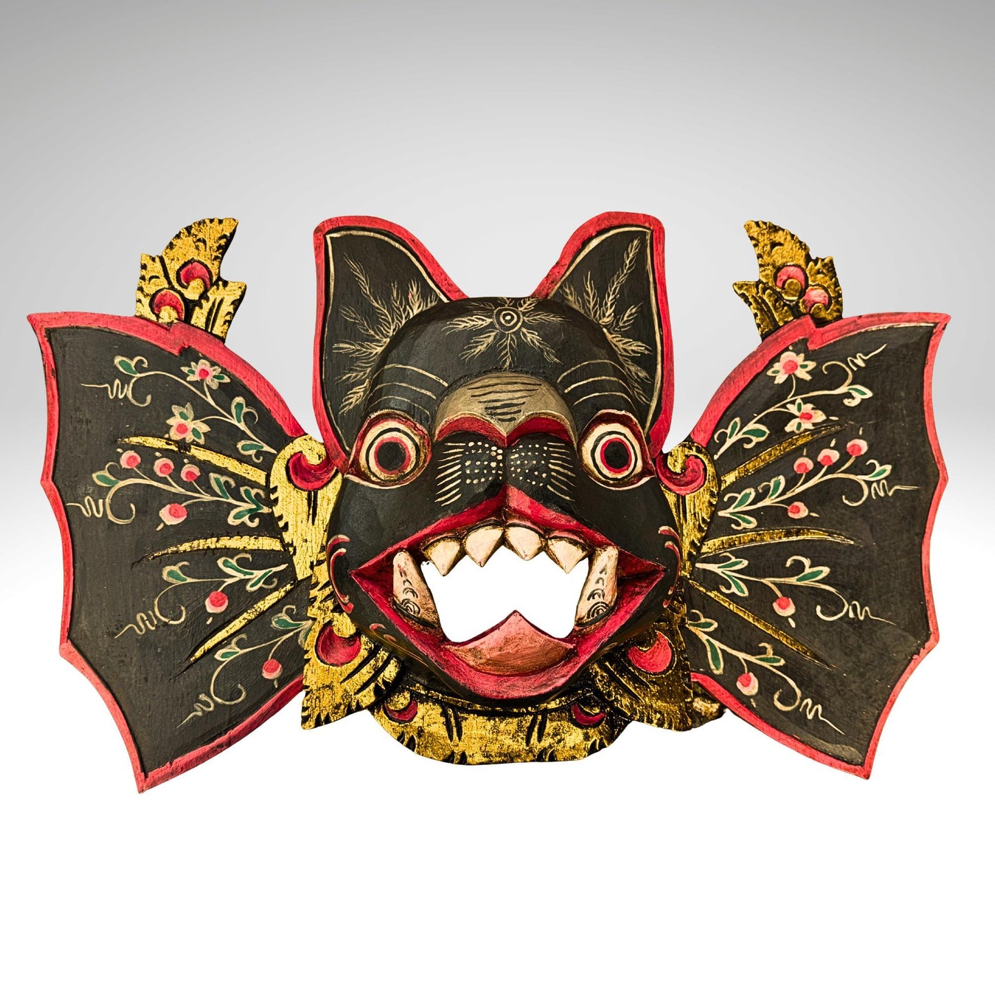 Balinese Winged Bat Mask Hand-Carved Bali Folk Art Wood Carving | Gothic Wall Decor