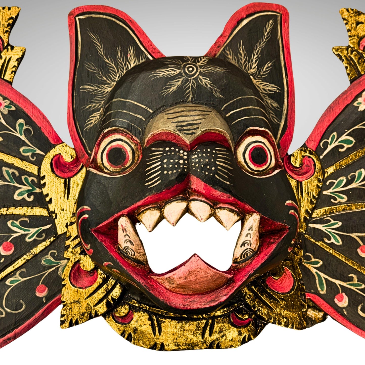 Balinese Winged Bat Mask Hand-Carved Bali Folk Art Wood Carving | Gothic Wall Decor