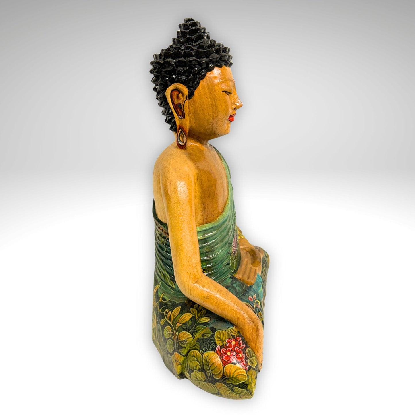 Hand Carved Meditating Buddha Wood Sculpture: Painted Bhumisparsha Mudra, Balinese Folk Art