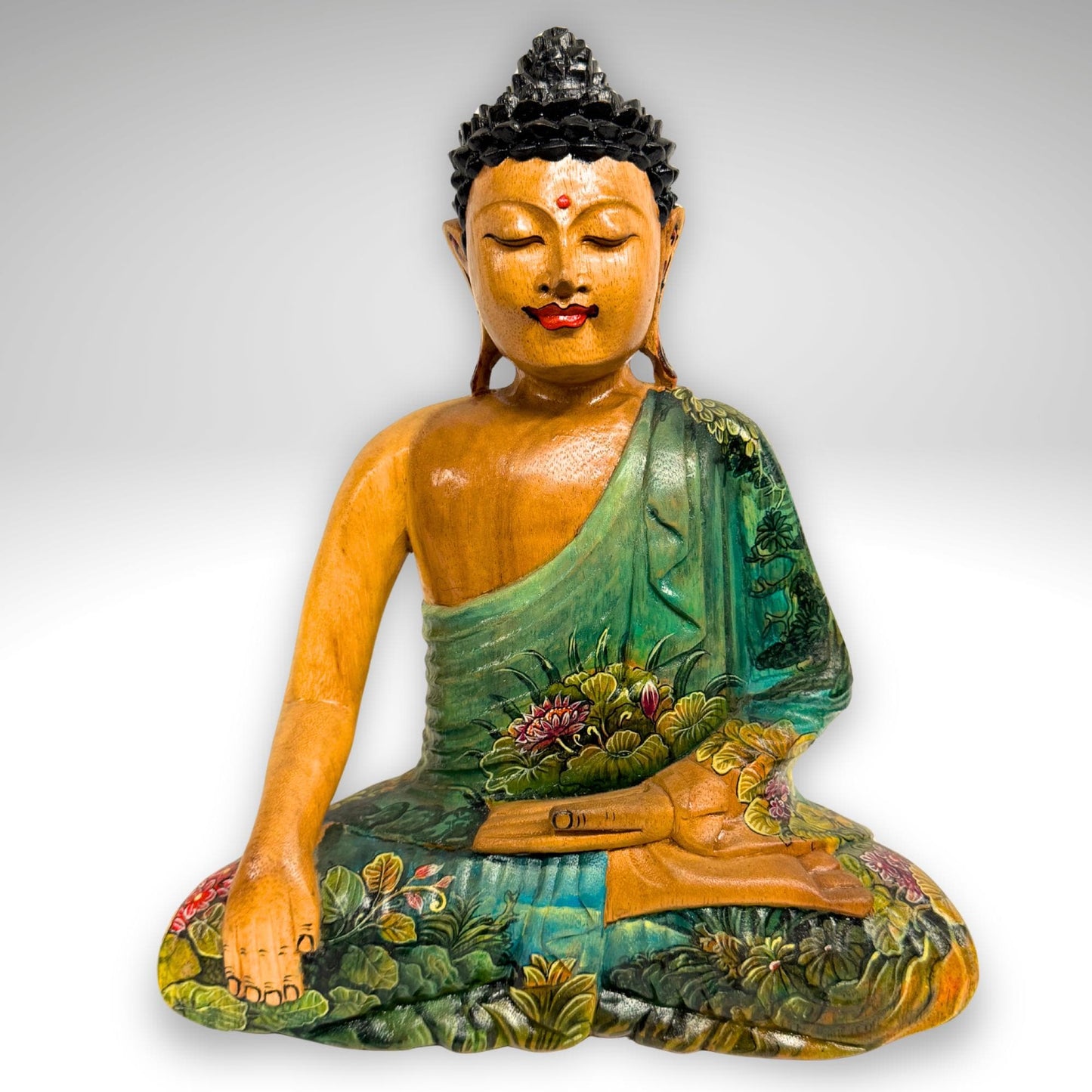 Hand Carved Meditating Buddha Wood Sculpture: Painted Bhumisparsha Mudra, Balinese Folk Art